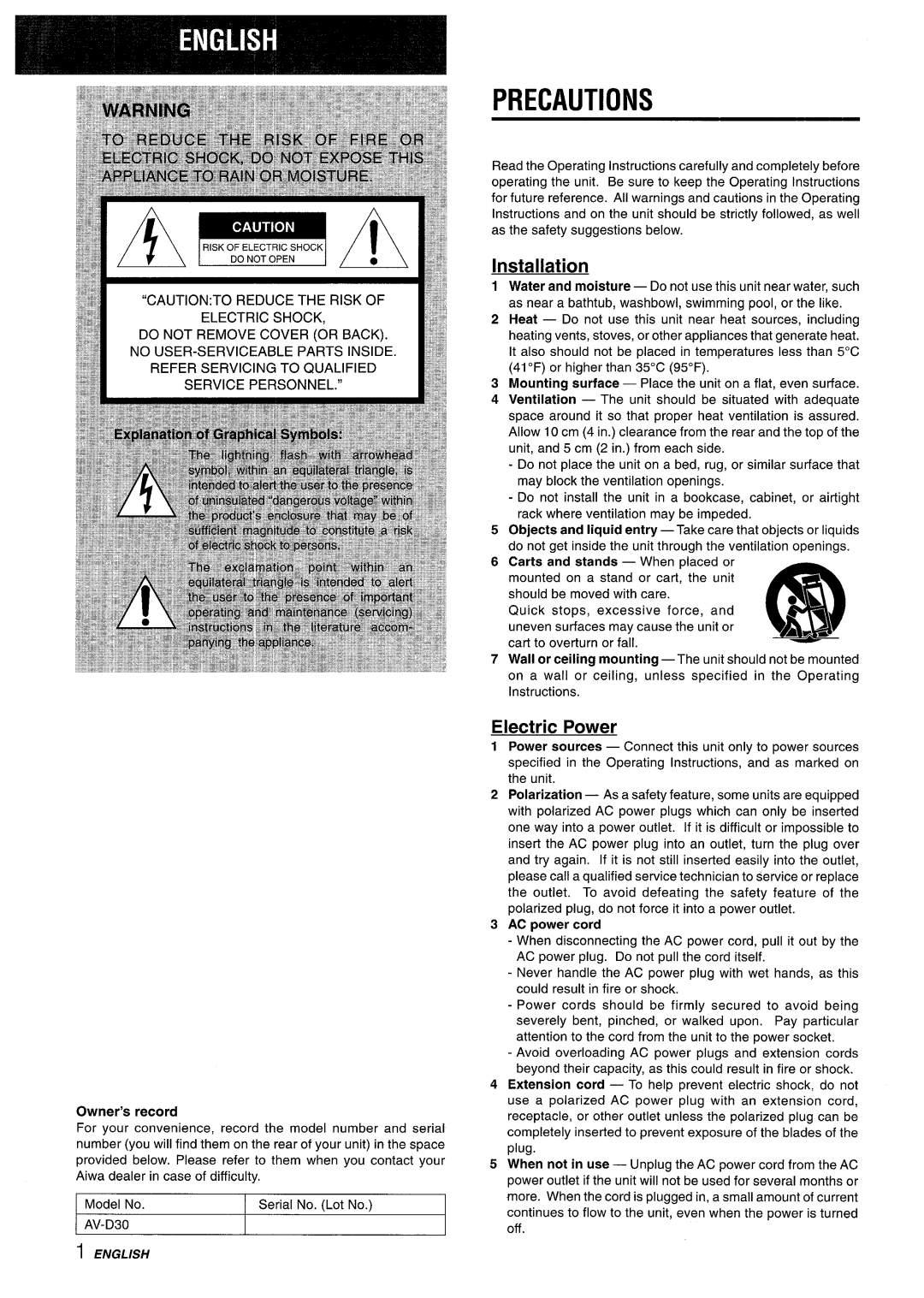 Aiwa AV-D30 manual Precautions, Installation, Electric Power, AC power cord, I English 
