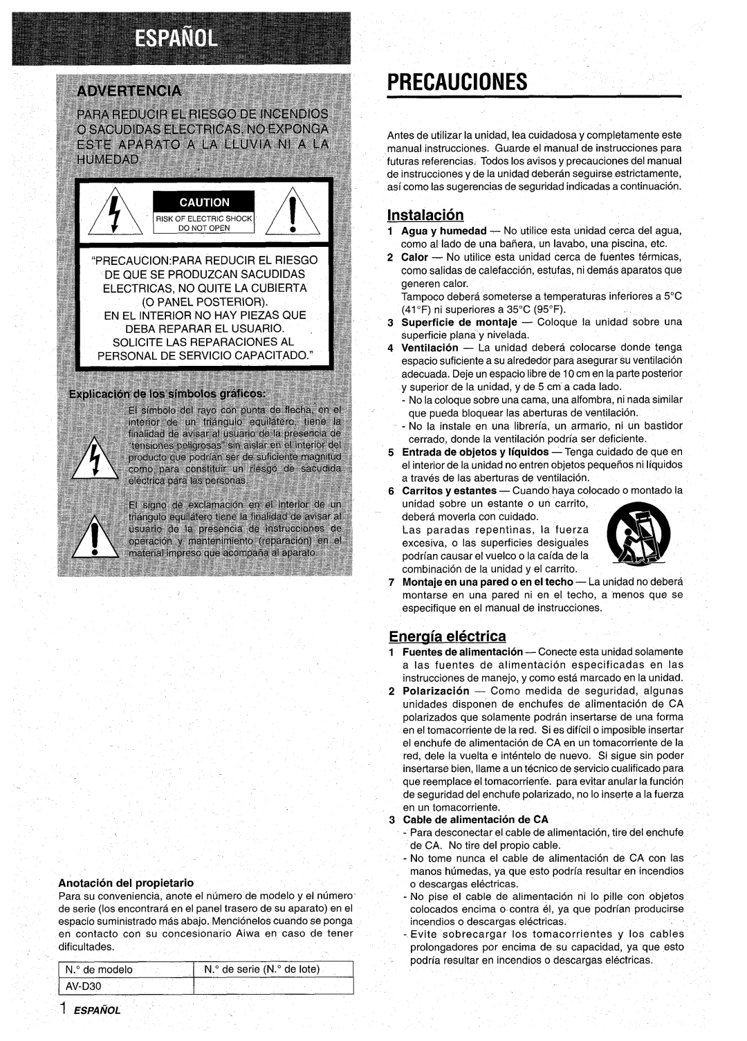 Aiwa AV-D30 manual Precauciones, Instalacion “, Eneruia electrica, Cable de alimentacion de CA 