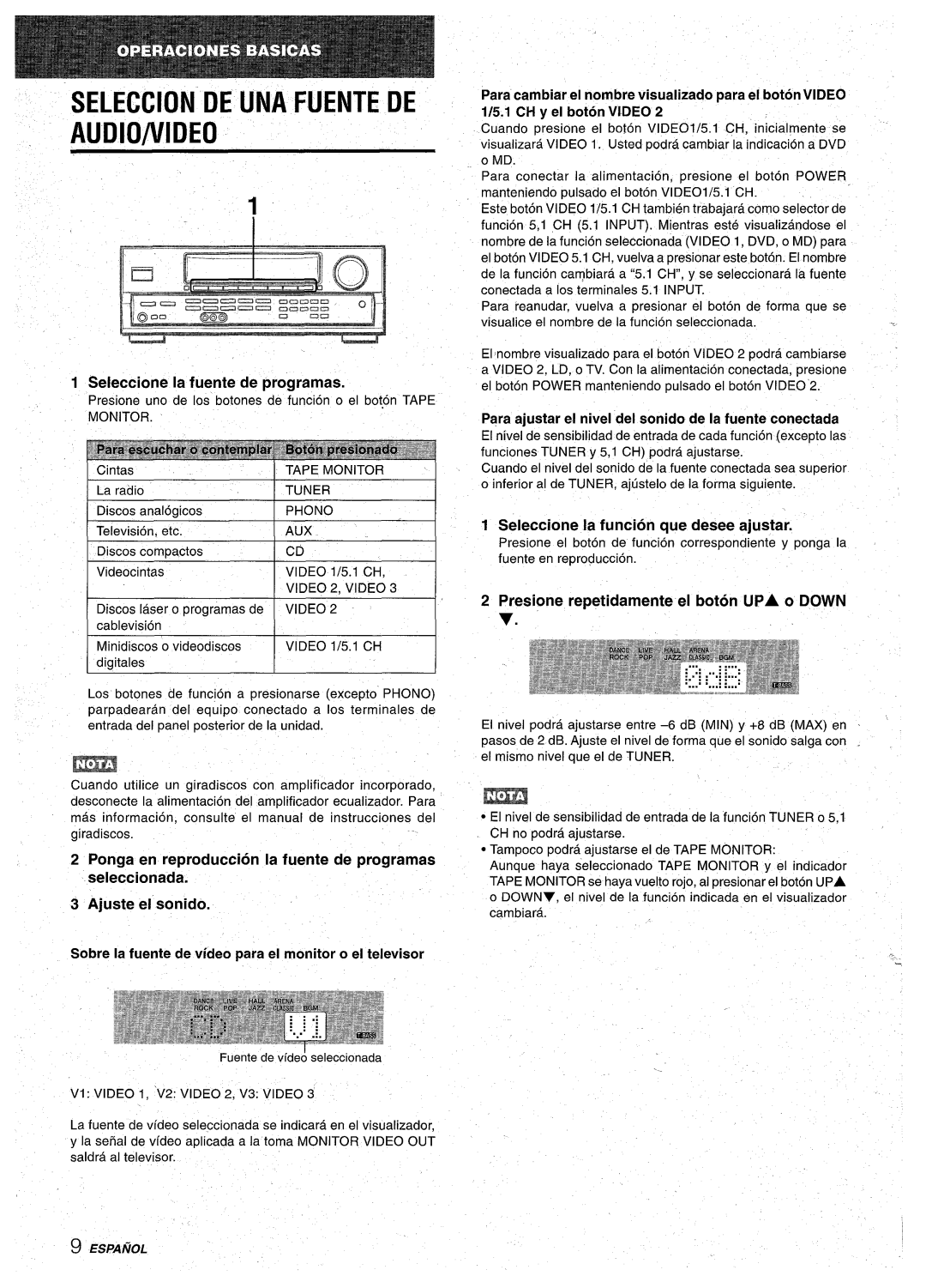 Aiwa AV-D30 manual SELECCION DE UNA FUENTE DE AUDIO/VIDEo, Seleccione la fuente de programas, Ajuste el sonido, MIN y +8 dB 
