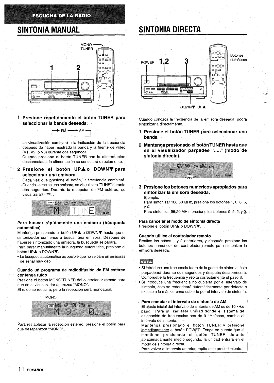 Aiwa AV-D30 manual Sintonia Manual, Sintonia Directa, Presione el boton UPA o DOWNV para seleccionar una emisora 