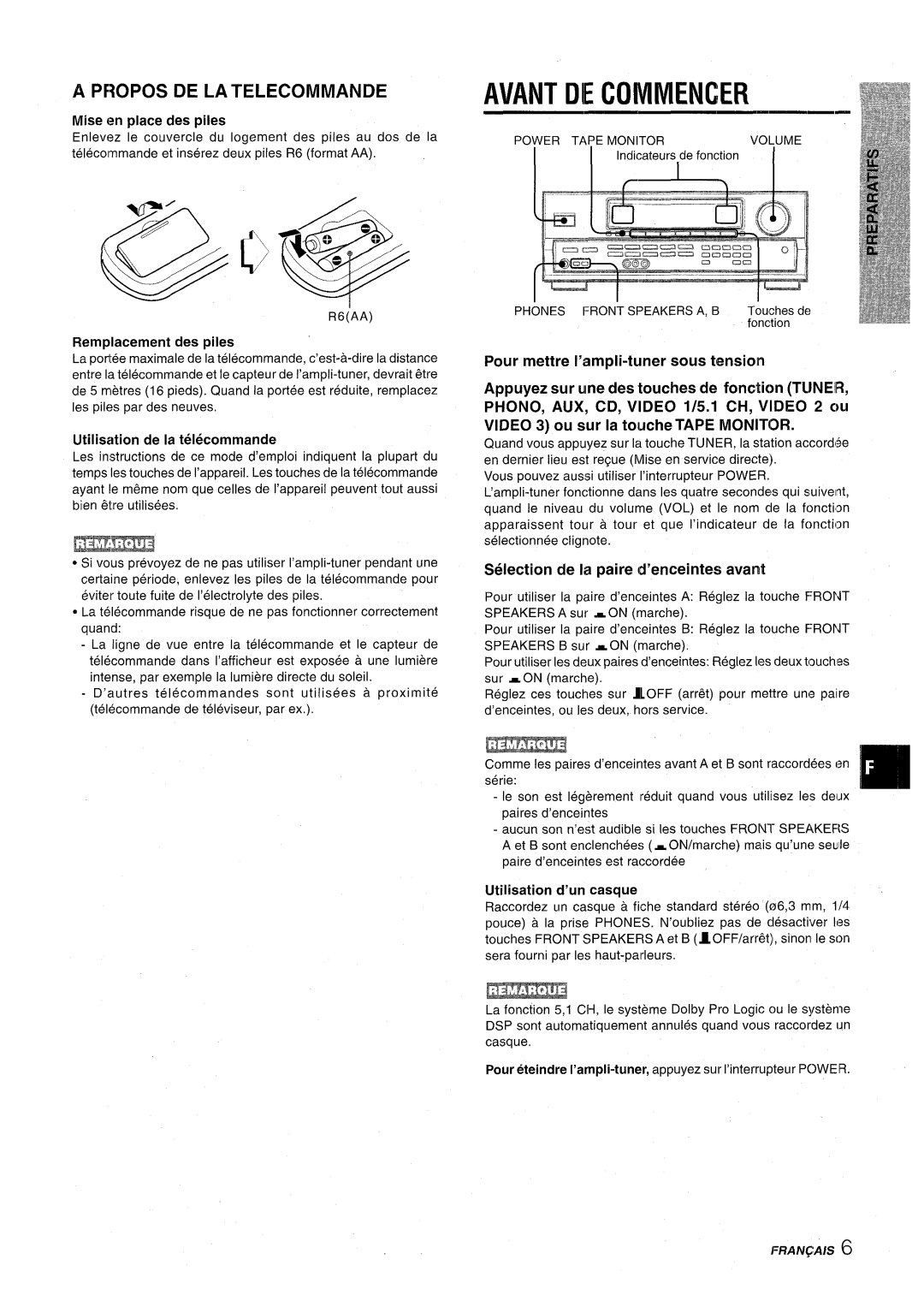 Aiwa AV-D30 manual Avant De Coivimencer, A Pf?Opos De La Telecommande, Selection de la paire d’enceintes avant 