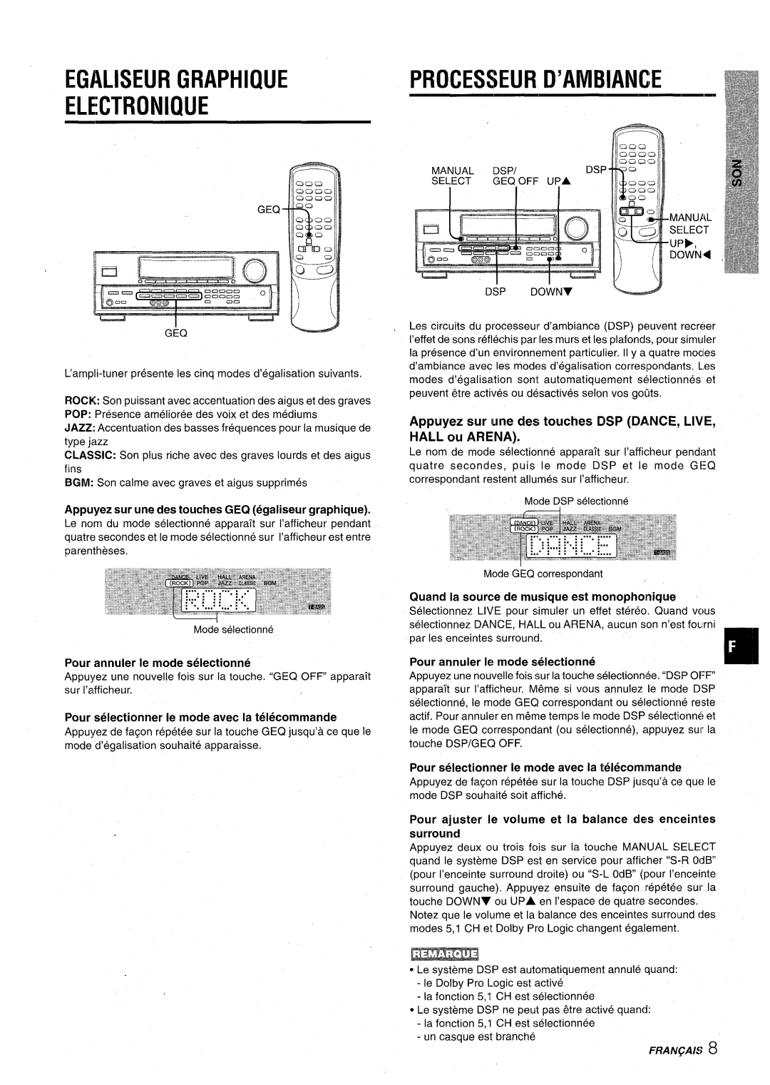 Aiwa AV-D30 Egaliseur Graphique Electronique, Processeur D’Ambiance, Appuyez sur une des touches GEQ egaliseur graphique 