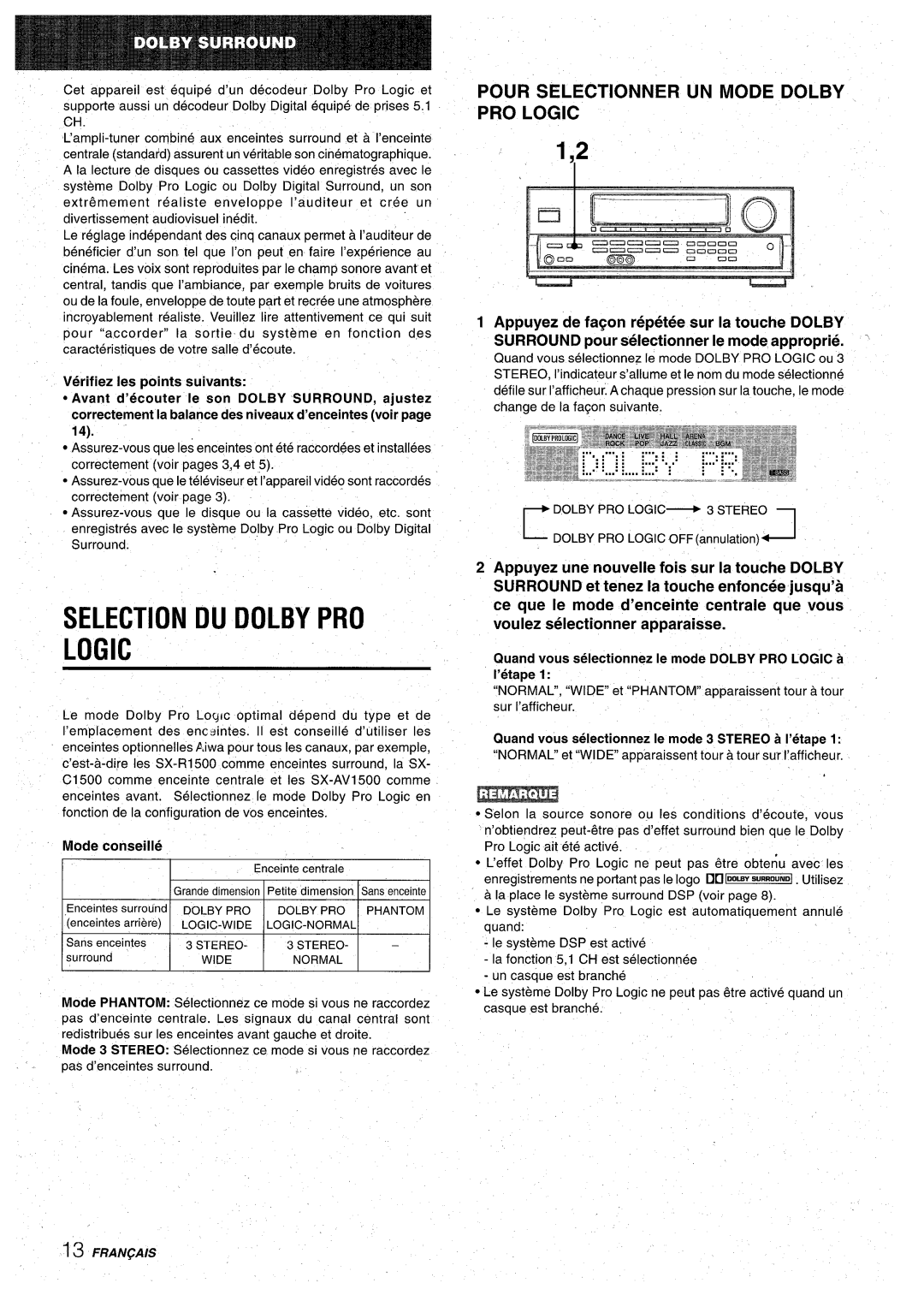 Aiwa AV-D30 manual Selection Du Dolby Pro Logic, Pour Selectionner Un Mode Dolby Pro Logic, Verifiez Ies points suivants 