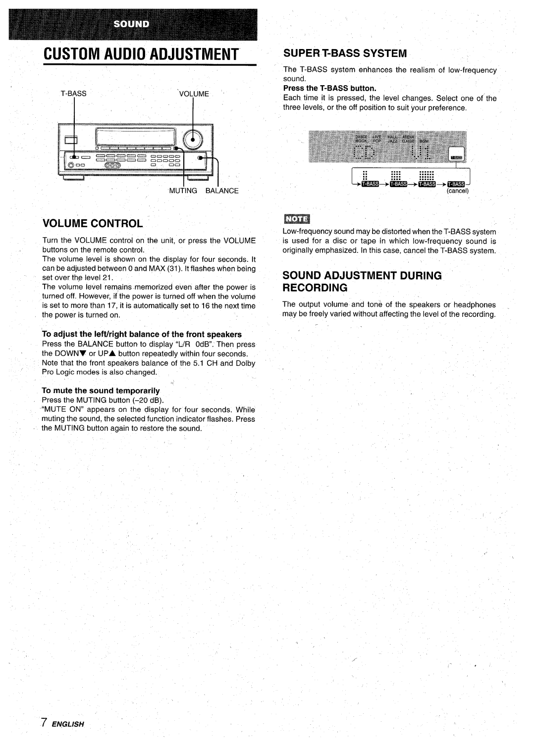 Aiwa AV-D30 manual Custom Audio Adjustment”, Super T-Bass System, Volume Control, Sound Adjustment During Recording 