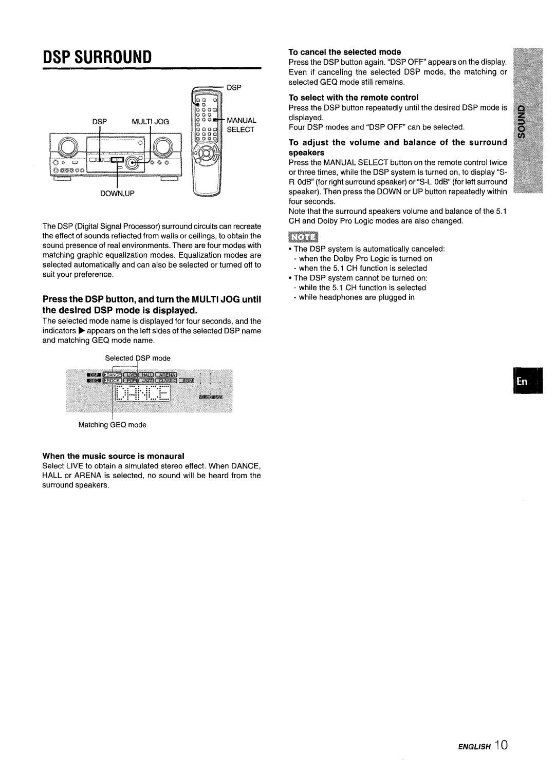 Aiwa AV-D35 Dspsurround, DSP DSP Multijogmanual Select DOWN,UP, When the music source is monaural, ENGL/!5H II O 