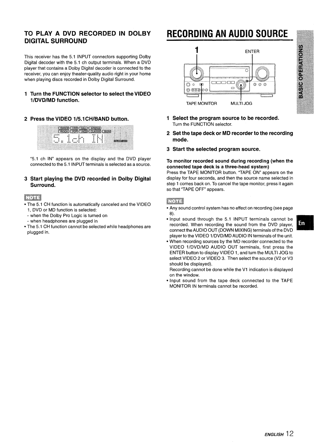 Aiwa AV-D35 manual To Play a DVD Recorded in Dolby Digital Surround, Select the program source to be recolrded 