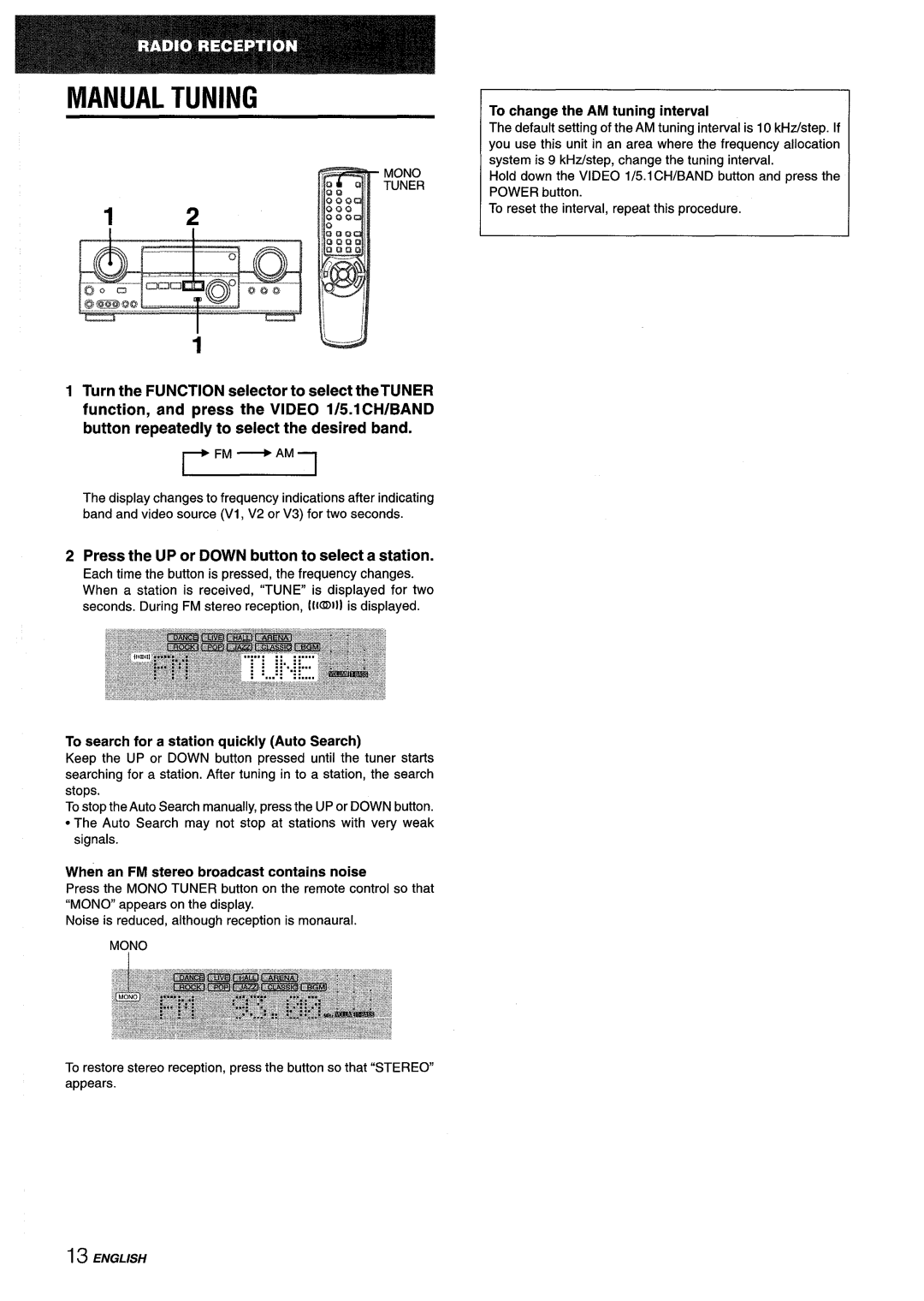 Aiwa AV-D35 Manual Tuning, Press the UP or Down button to select a station, To search for a station quickly Auto Search 