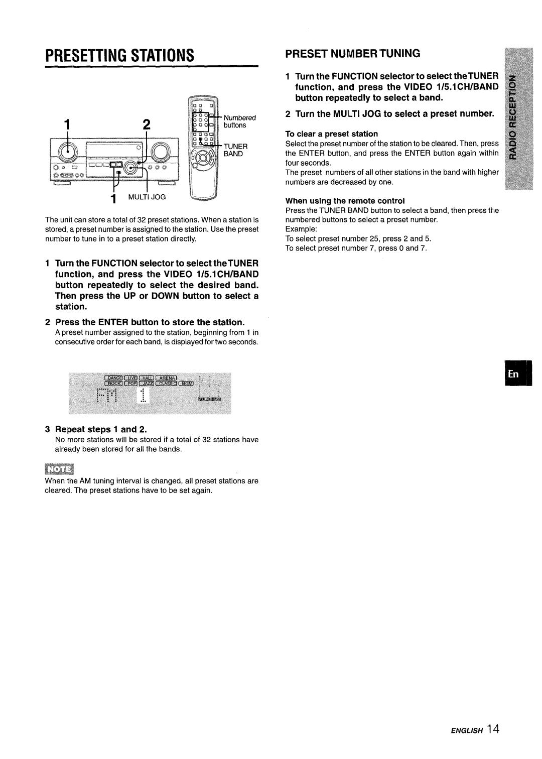 Aiwa AV-D35 manual Presetting Stations, Preset Number Tuning 