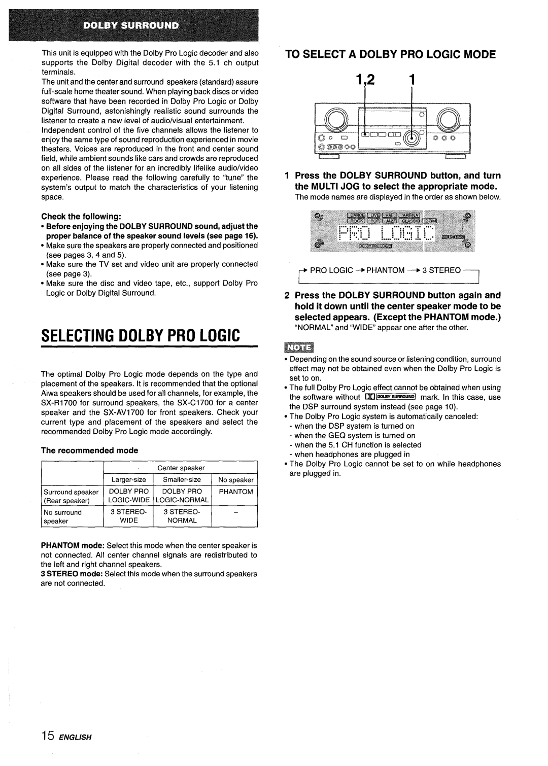 Aiwa AV-D35 manual Selecting Dolby PRO Logic, To Select a Dolby PRO Logic Mode, Check the following 