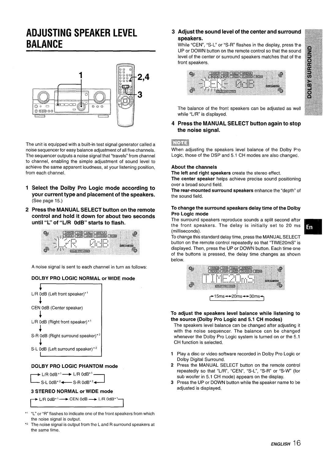 Aiwa AV-D35 Adjusting Speaker Level Balance, Press the Manual Select button on the remote, Doilby PRO Logic Phantom mode 