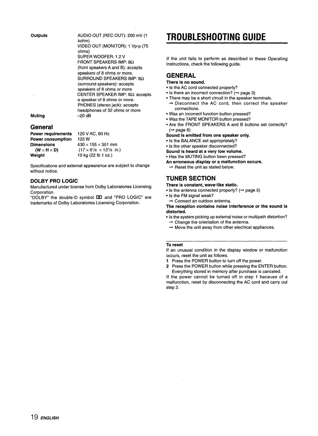 Aiwa AV-D35 manual Troubleshooting Guide, General, Tuner Section 