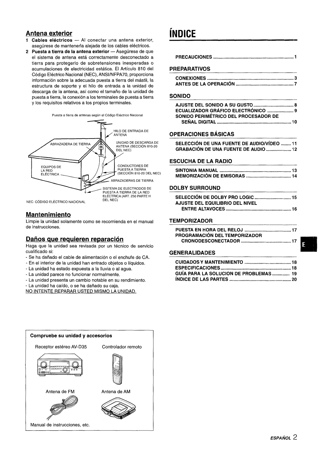 Aiwa AV-D35 manual Antena exterior, Manltenimiento, DaFios que requieren reparation 