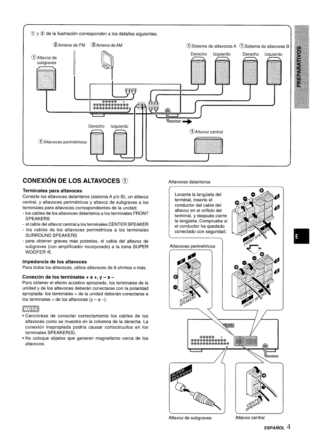 Aiwa AV-D35 manual Coniexion DE LOS Altavoces @, Terminates para altavoces, Surround Speakers, Impedtmcia de Ios altavoces 