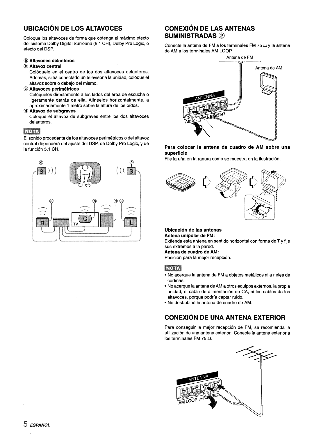 Aiwa AV-D35 manual Ubicacion DE LOS Altavoces, Conexion DE LAS Antenas Suministradas @, Conexion DE UNA Antena Exterior 