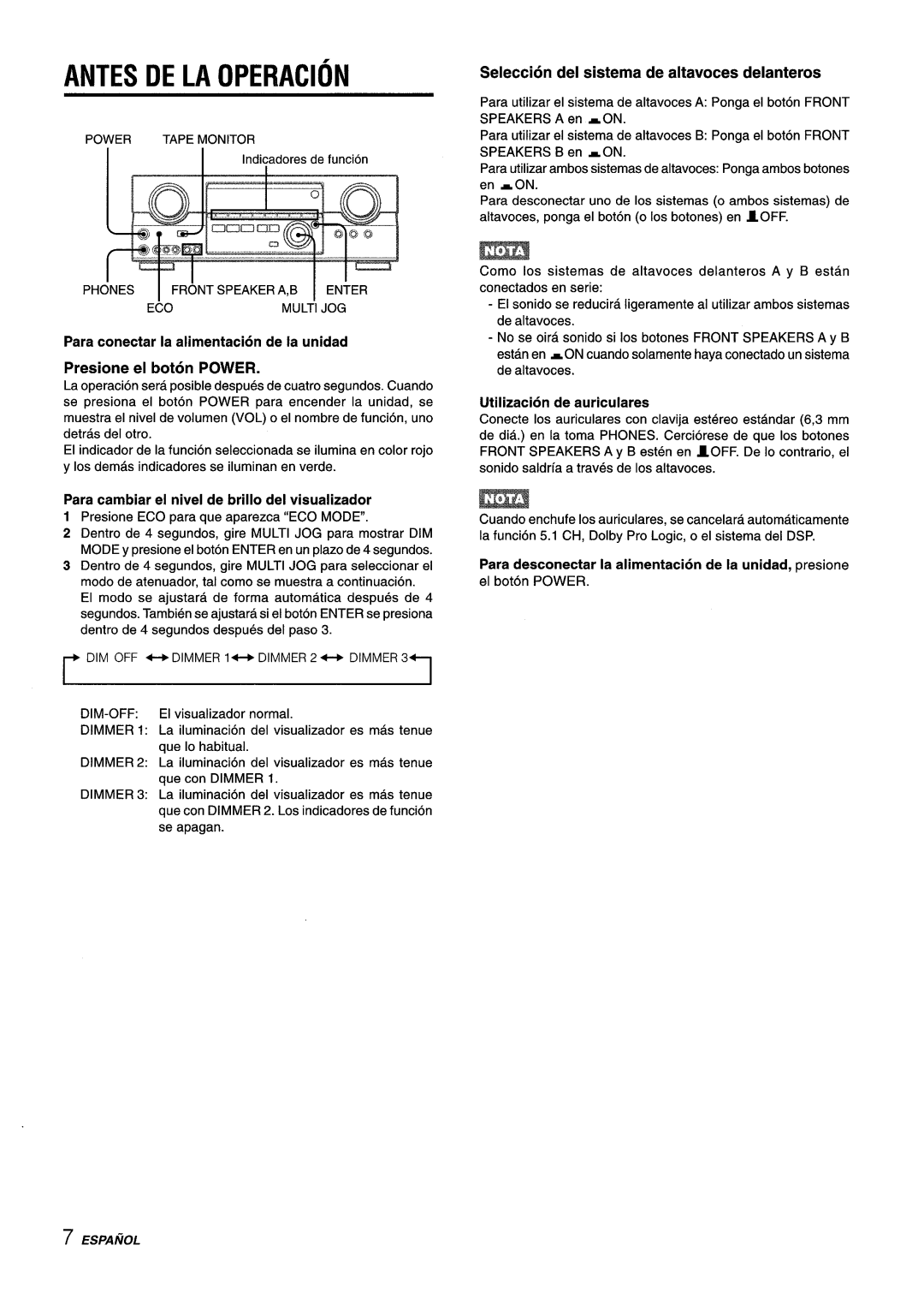 Aiwa AV-D35 manual Antes DE LA Operacion, Presione el boton Power, Seleccion del sistema de altavoces delanteros 