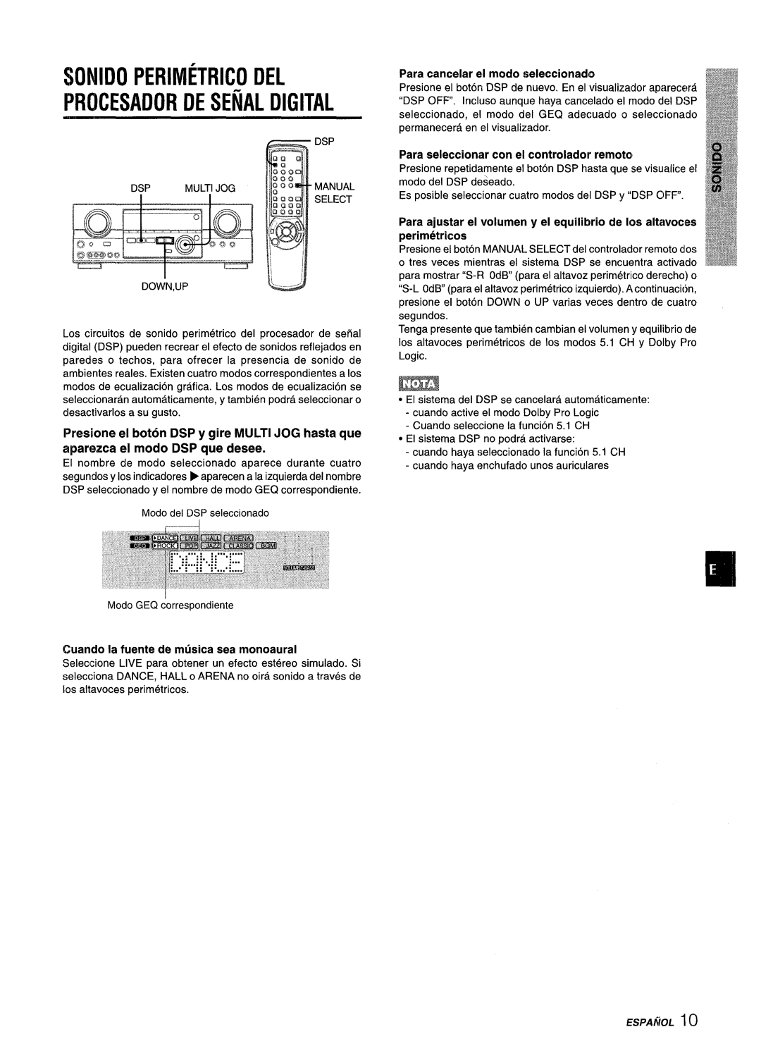 Aiwa AV-D35 manual Sonido Perimetrico DEL Procesador DE Senal Digital, Cuando la fuente de musics sea monoaural 