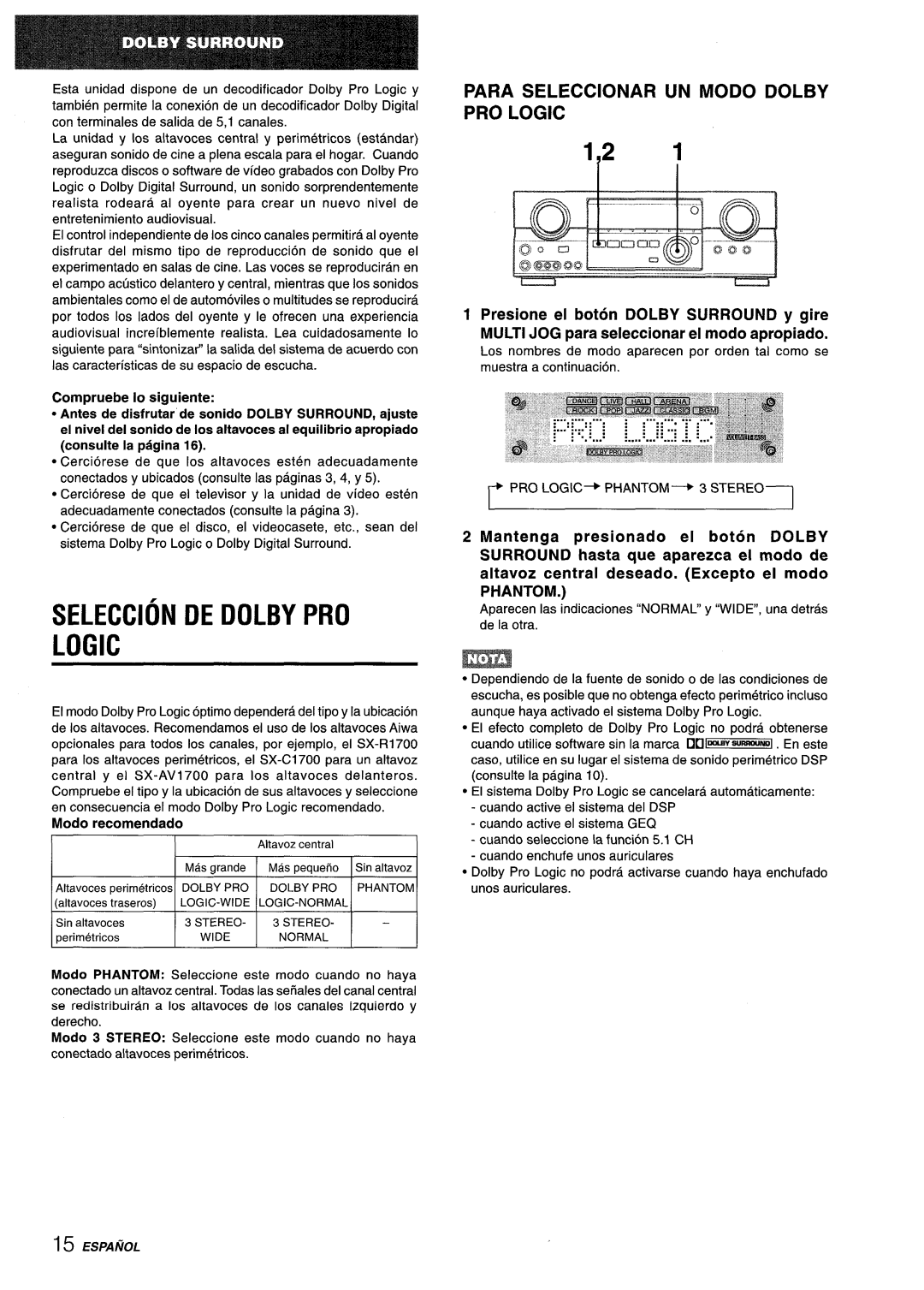 Aiwa AV-D35 manual Seleccion DE Dolby PRO Logic, Para Seleccionar UN Modo Dolby PRO Logic, Modo recomendado 