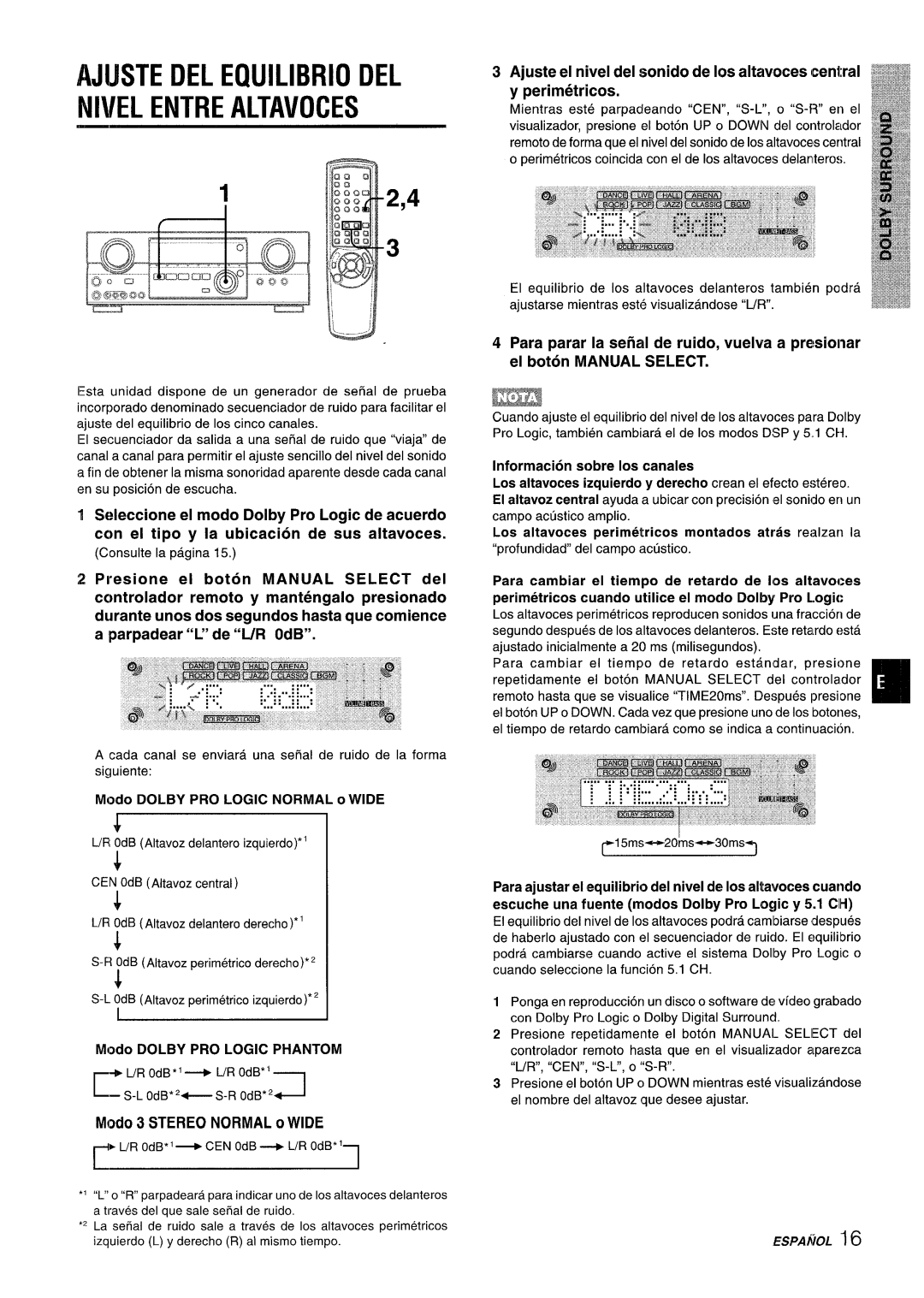 Aiwa AV-D35 Ajuste DEL Equilibria DEL Nivel Entre Altavoces, Modo 3 Stereo Normal O Wide, Modo Dolby PRO Logic Phantom 