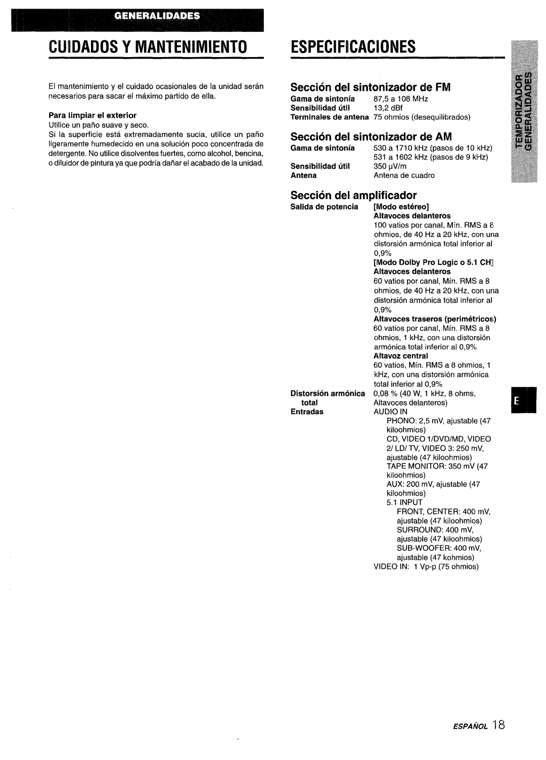 Aiwa AV-D35 Cuidados Y Mantenimiento, Especificaciones, Seccion del sintonizador de FM, Seccion del sintonizador de AM 