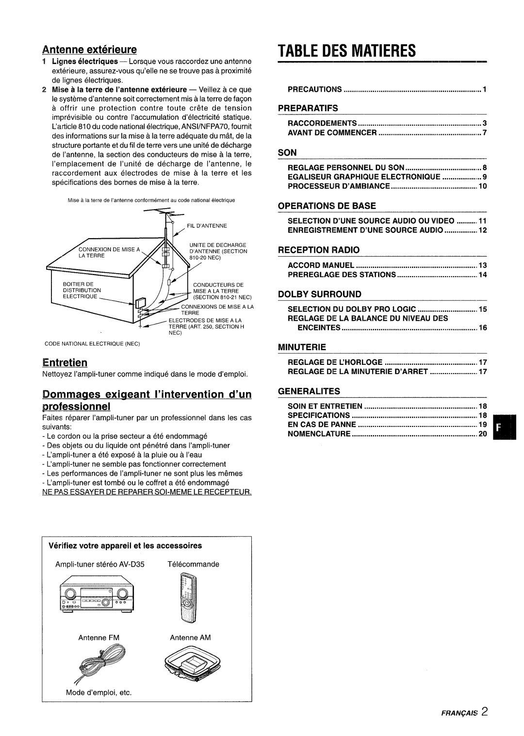 Aiwa AV-D35 manual DES Matieres, Jenne exterieure, Entretien, Wmrnages exigeant I’intervention d’un jgwOJessionnel 