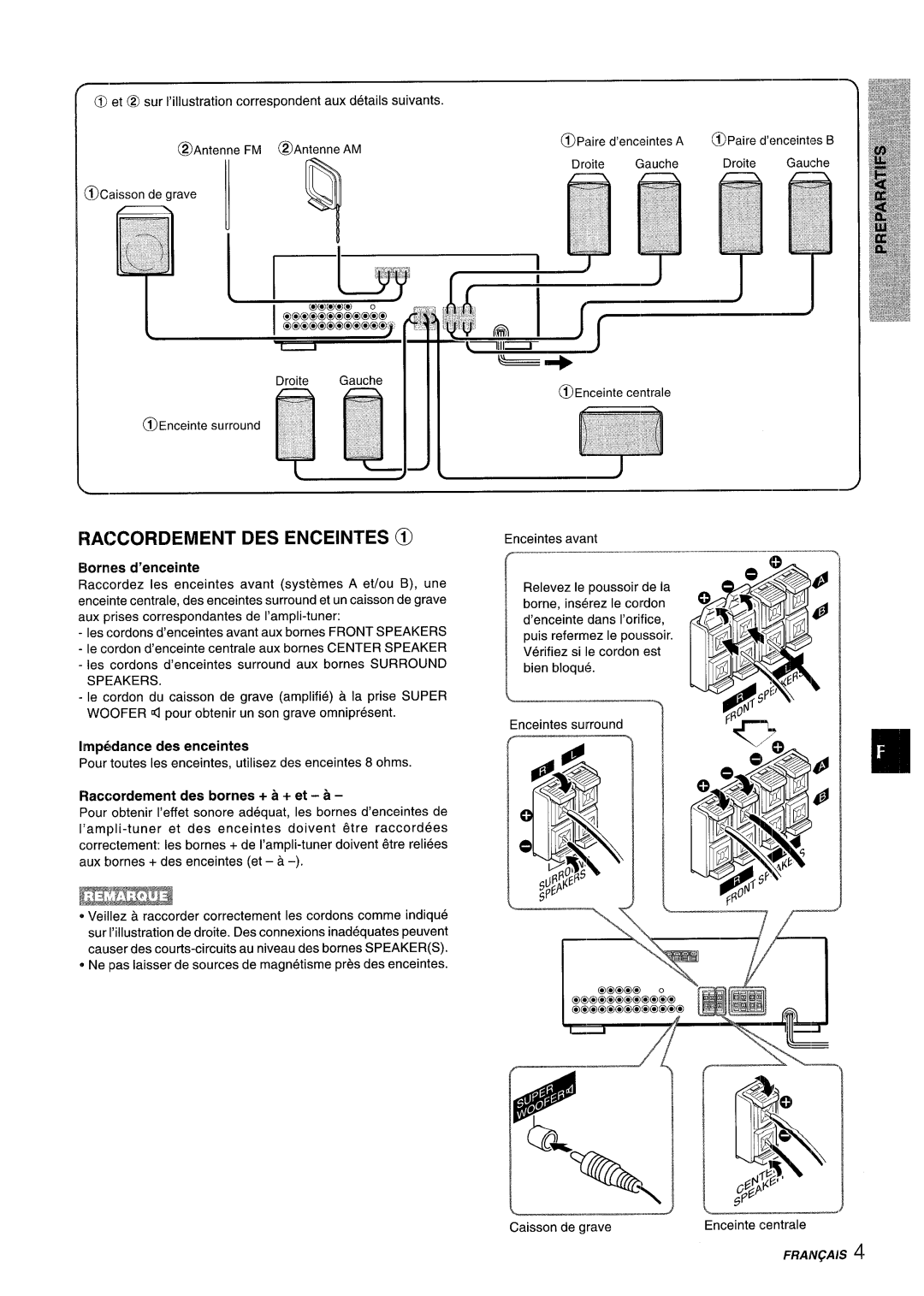 Aiwa AV-D35 manual Raccordement DES Enceintes @, Raccordement des bornes + a + et a 