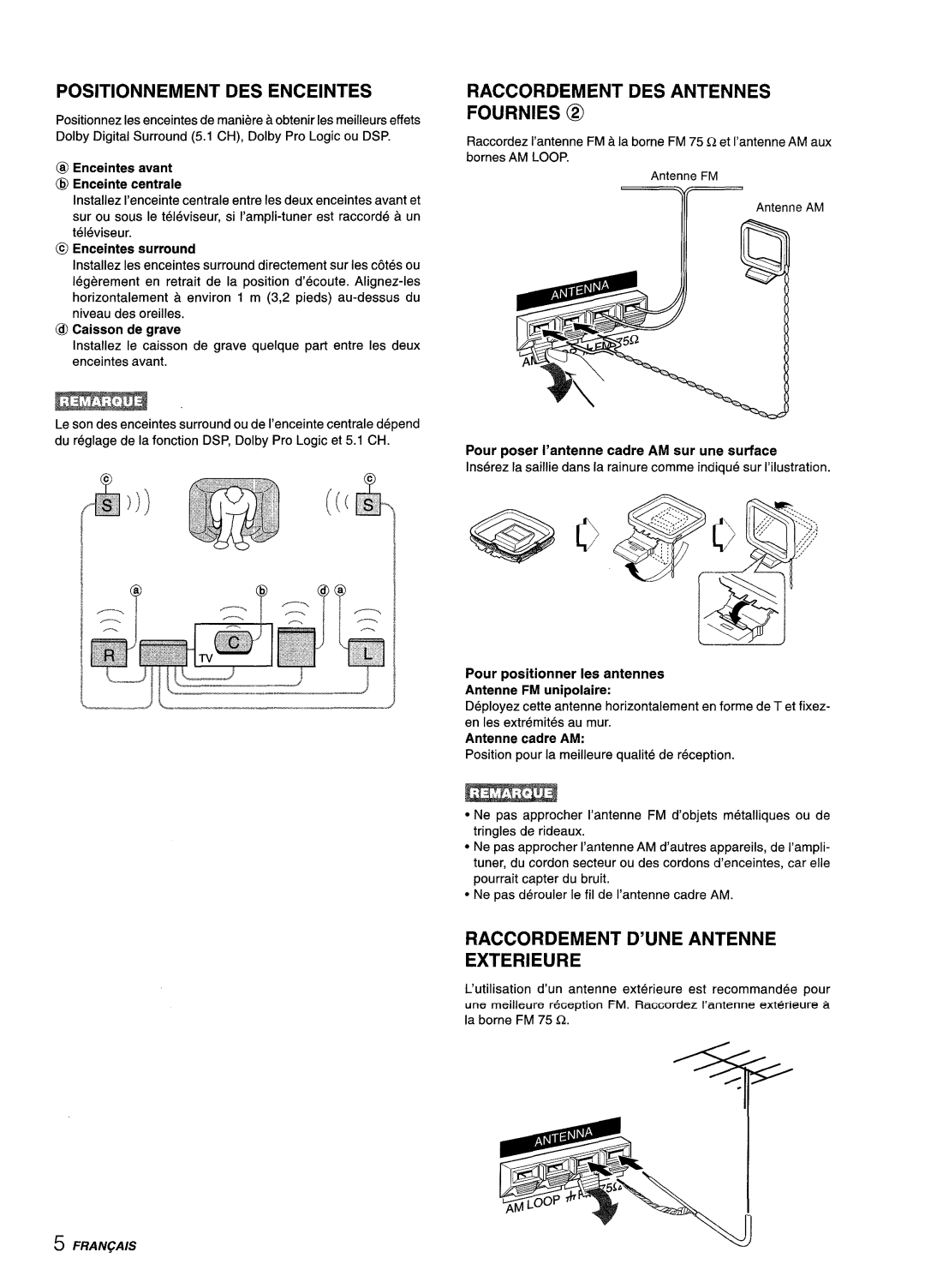 Aiwa AV-D35 Positionnement DES Enceintes, Raccordement DES Antennes Fournies @, Raccordement D’UNE Antenne Exterieure 