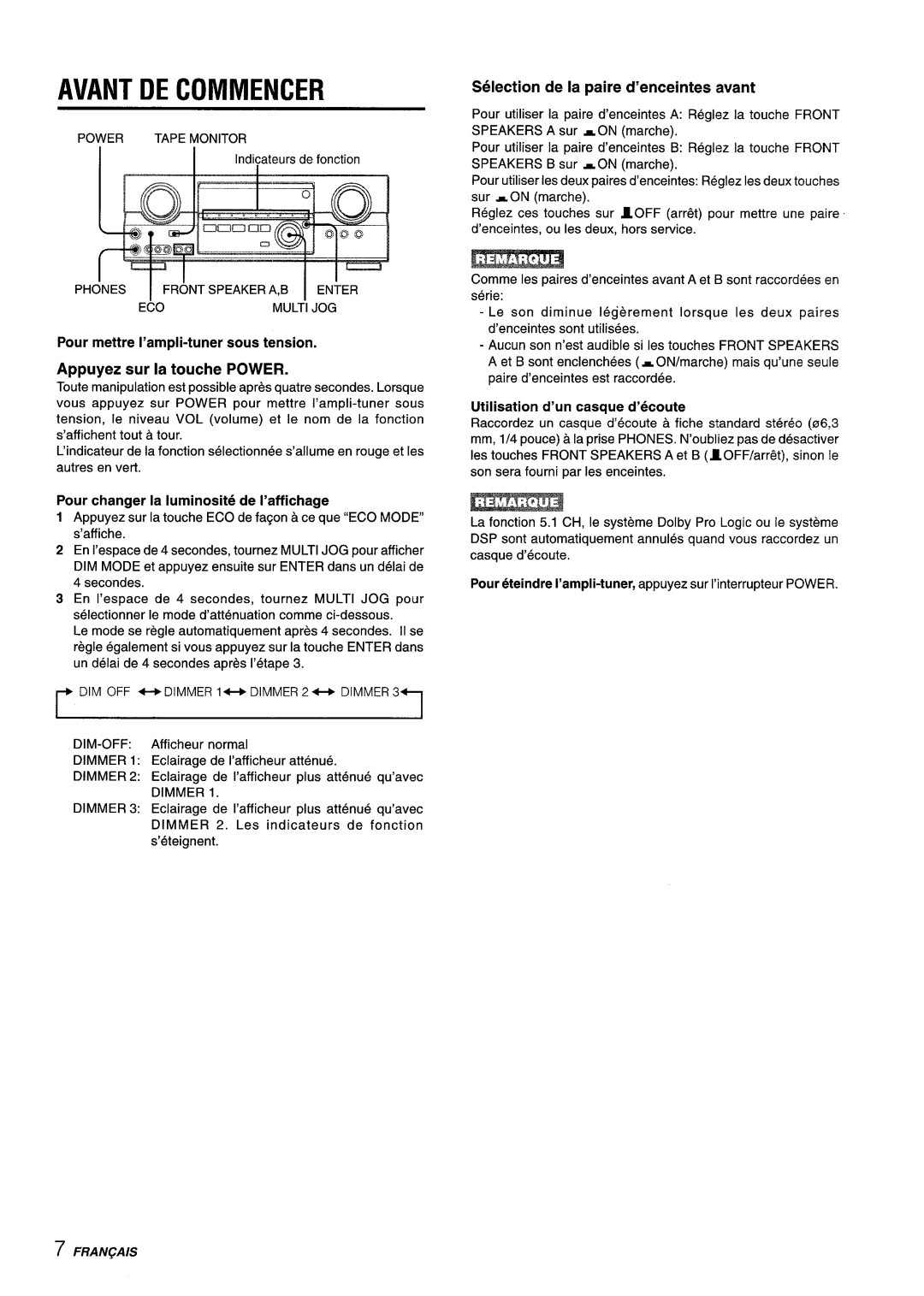 Aiwa AV-D35 manual Avant DE Commencer, Appuyez sur la touche Power, Selection de la paire d’enceintes avant 