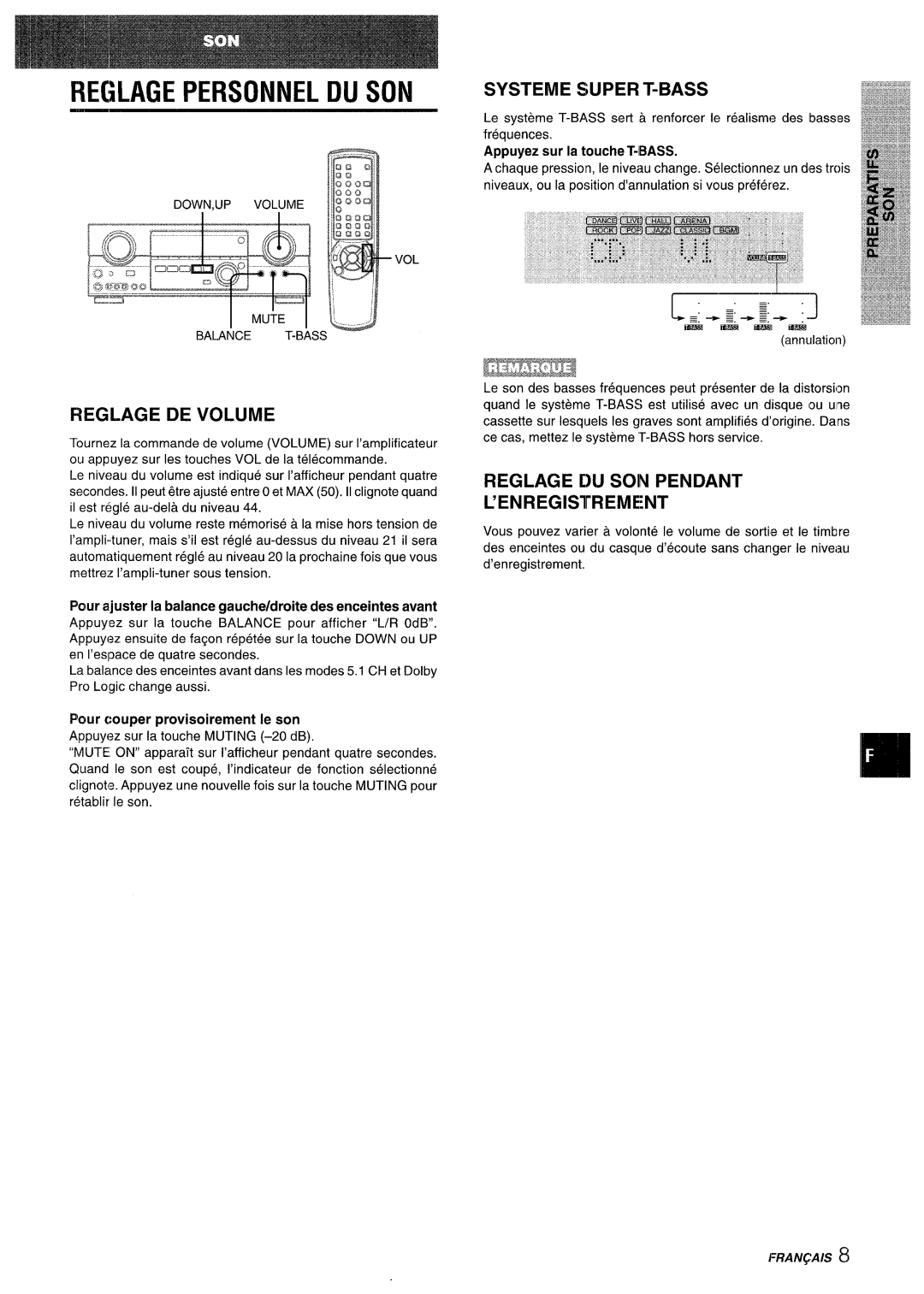 Aiwa AV-D35 Eglage Personnel DU SON, Reglage DE Volume, Systeme Super T-BASS, Reglage DU Soin Pendant ’ENREGISTREMENT 