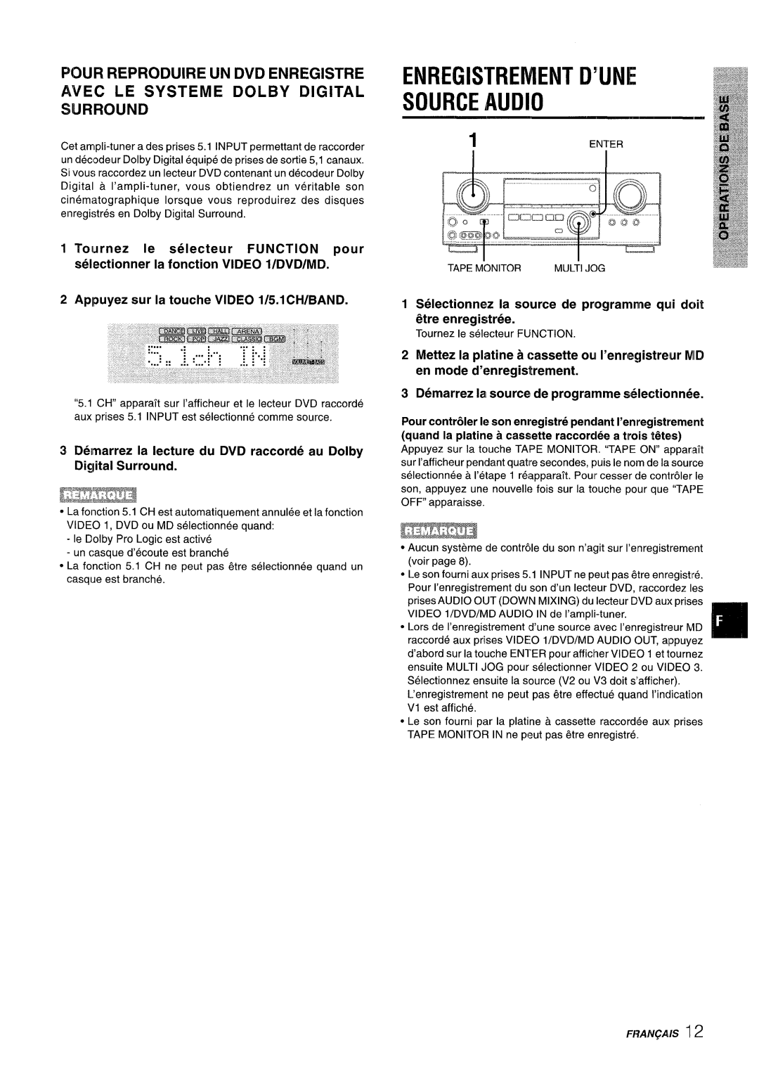 Aiwa AV-D35 manual Enregistrement D’UNE Source Audio, 1ENTER Tape Monitor Multijog 