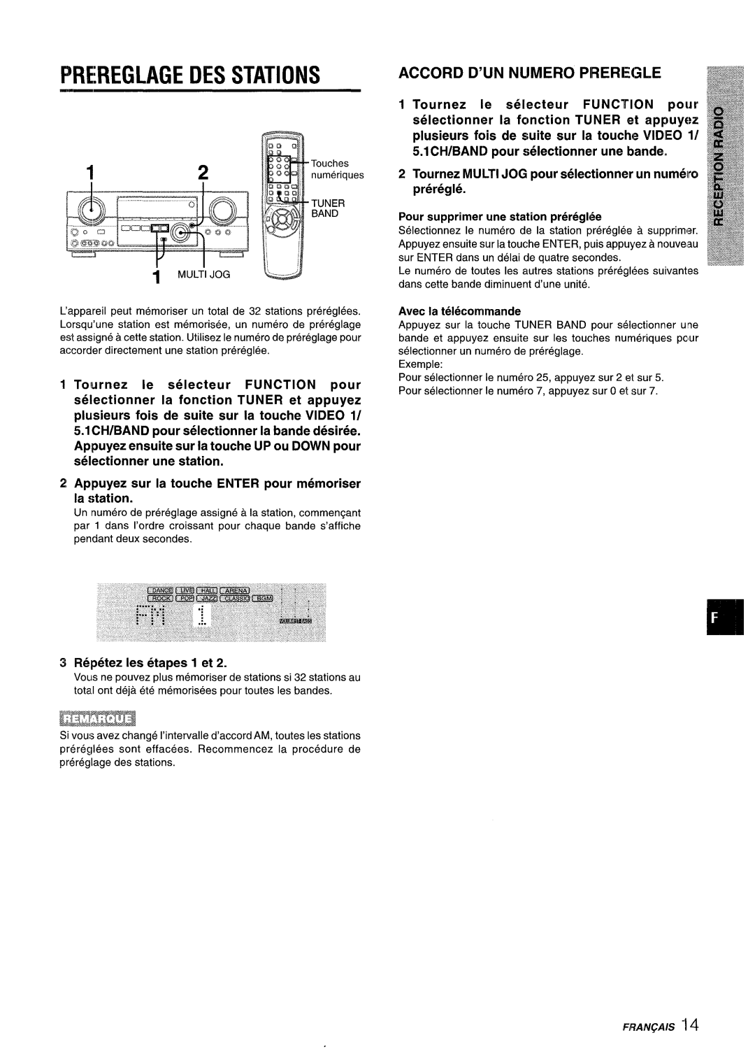 Aiwa AV-D35 manual Prereglage DES Stations, Accord D’UN Numero Pireregle, Fiepetez Ies etapes 1 et, Avec la telecommande 