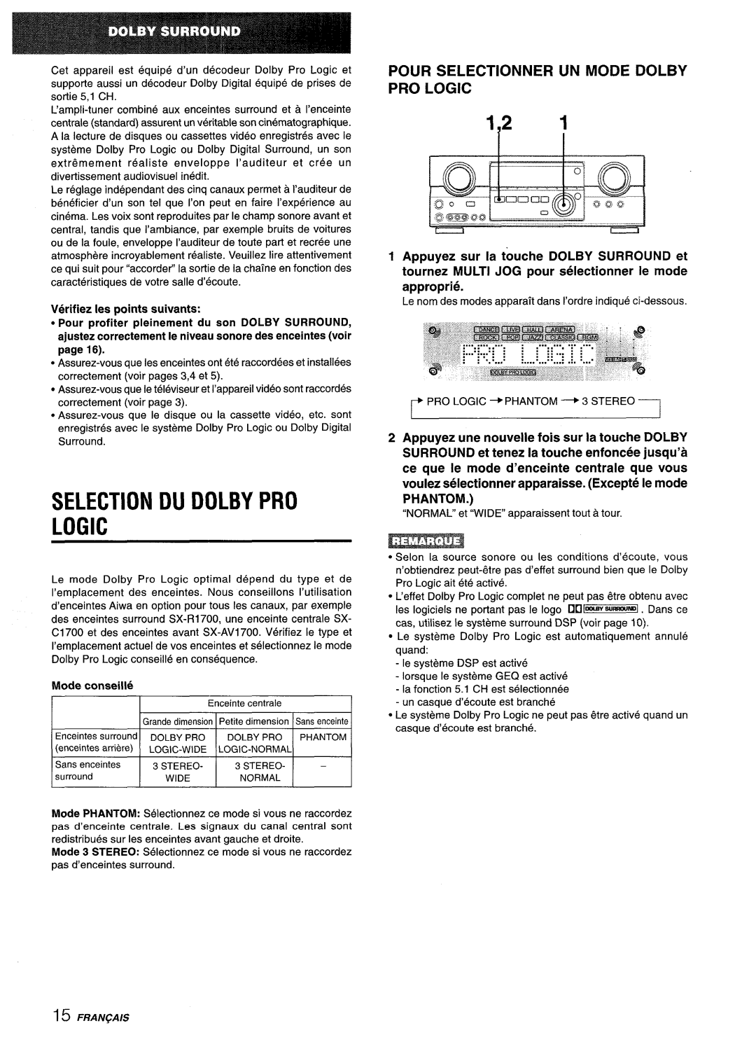 Aiwa AV-D35 manual Selection DU Dolby PRO Logic, Pour Selectionner UN Mode Dolby PRO Logic, Mode conseille 