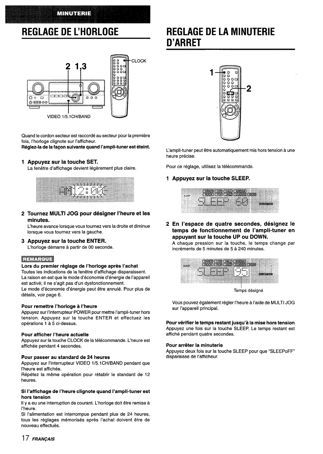 Aiwa AV-D35 manual Reglagedel’Horloge, 3EGLAGE DE LA Iviinuterie ’ARRET, Appuyez sur la touche SET 