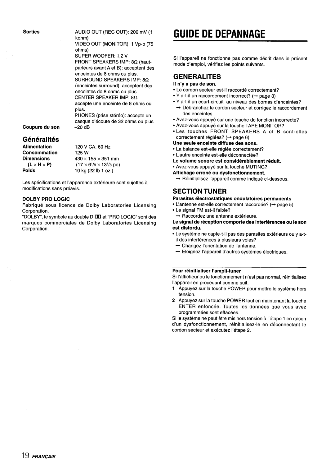 Aiwa AV-D35 manual Guide DE Depannage, Generalities, Section Tuner 