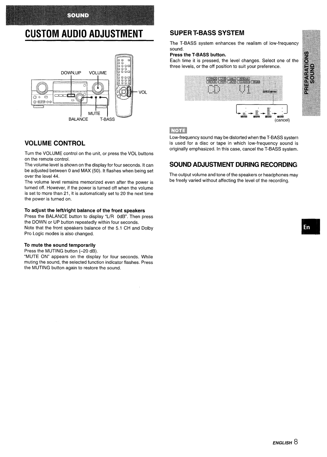 Aiwa AV-D35 manual Custom Audio Adjustment, Vowme Control, Sound Adjustment During Recording, To mute the sound temporarily 