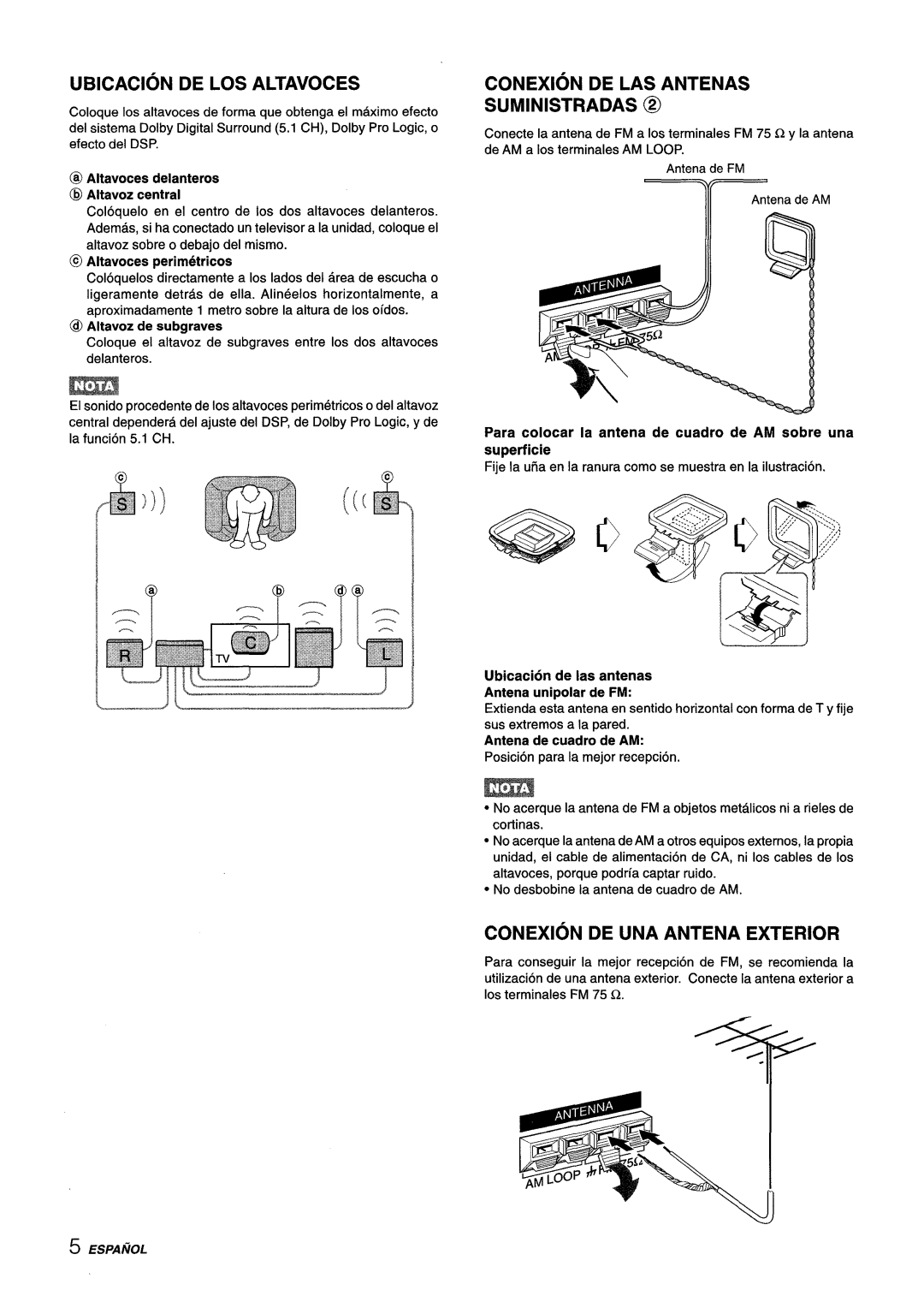 Aiwa AV-D35 manual I @ @ @@I, Ubicacion De Los Altavoces, Conexion De Las Antenas Suministradas @, @ Altavoces perimetricos 