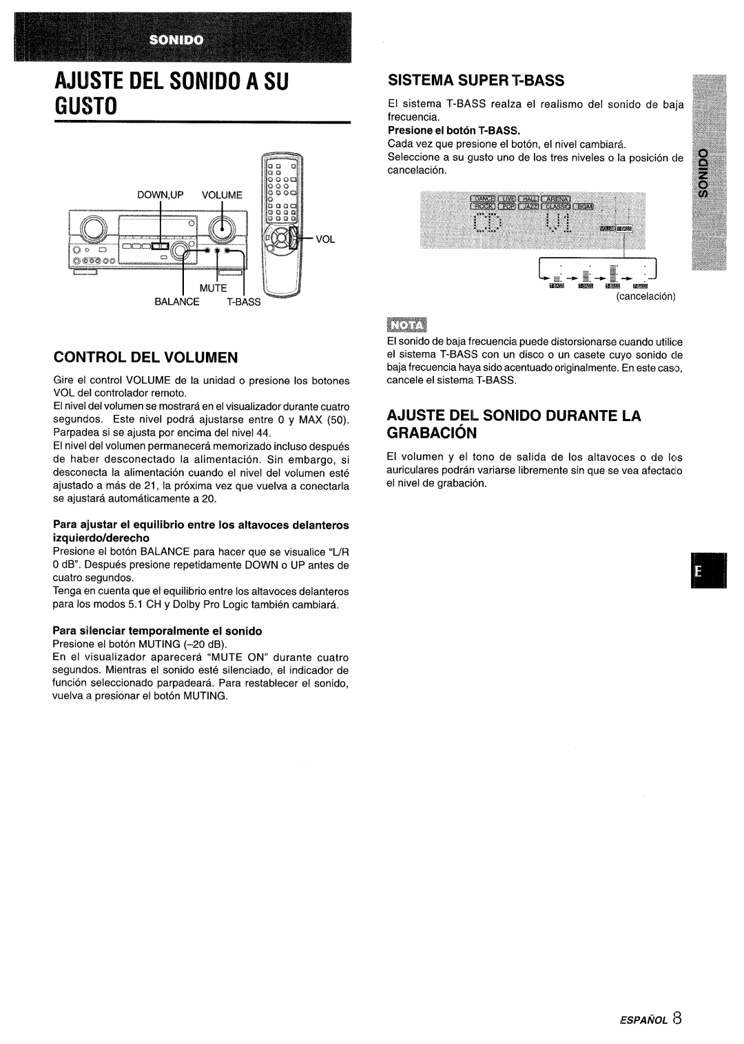 Aiwa AV-D35 manual 1 ..= -L L ++~,+J, Awste Del Sonido A Su Gusto, Control Del Volumen, Sistema Sijper T-Bass, ES/JA/ibL3 