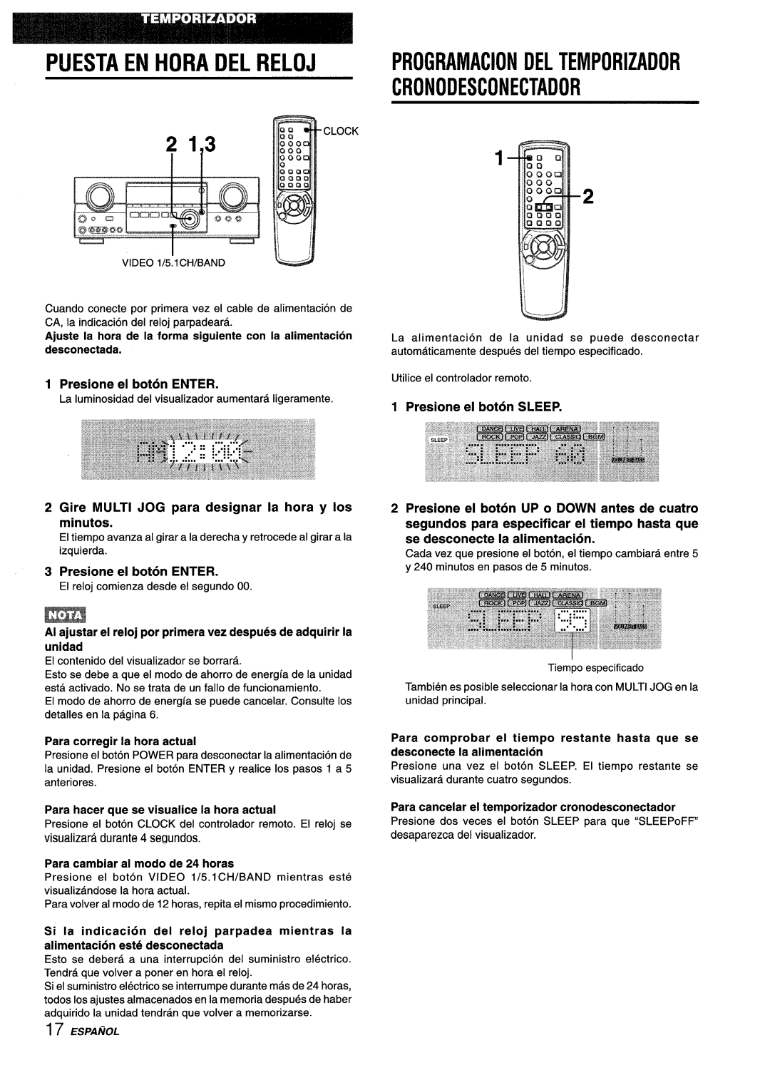 Aiwa AV-D35 manual Puesta En Hora Del Reloj, Presione el boton ENTER, La Iuminosidaddel visualizadoraumentaraIigeramente 