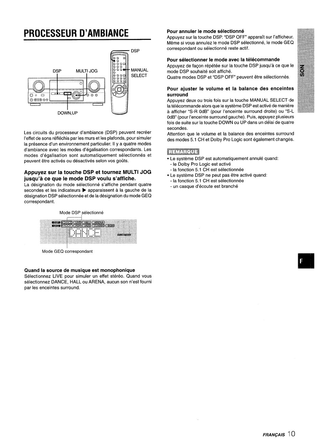 Aiwa AV-D35 manual Prcesseur D’Ambiance, Quand la source de musique est monophonique, Pour annuler Ie mode s61ectionne 