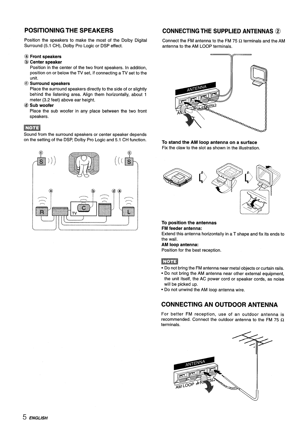 Aiwa AV-D35 Positioning The Speakers, Connecting The Supplied Antennas @, Connecting An Outdoor Antenna, @ Sub woofer 