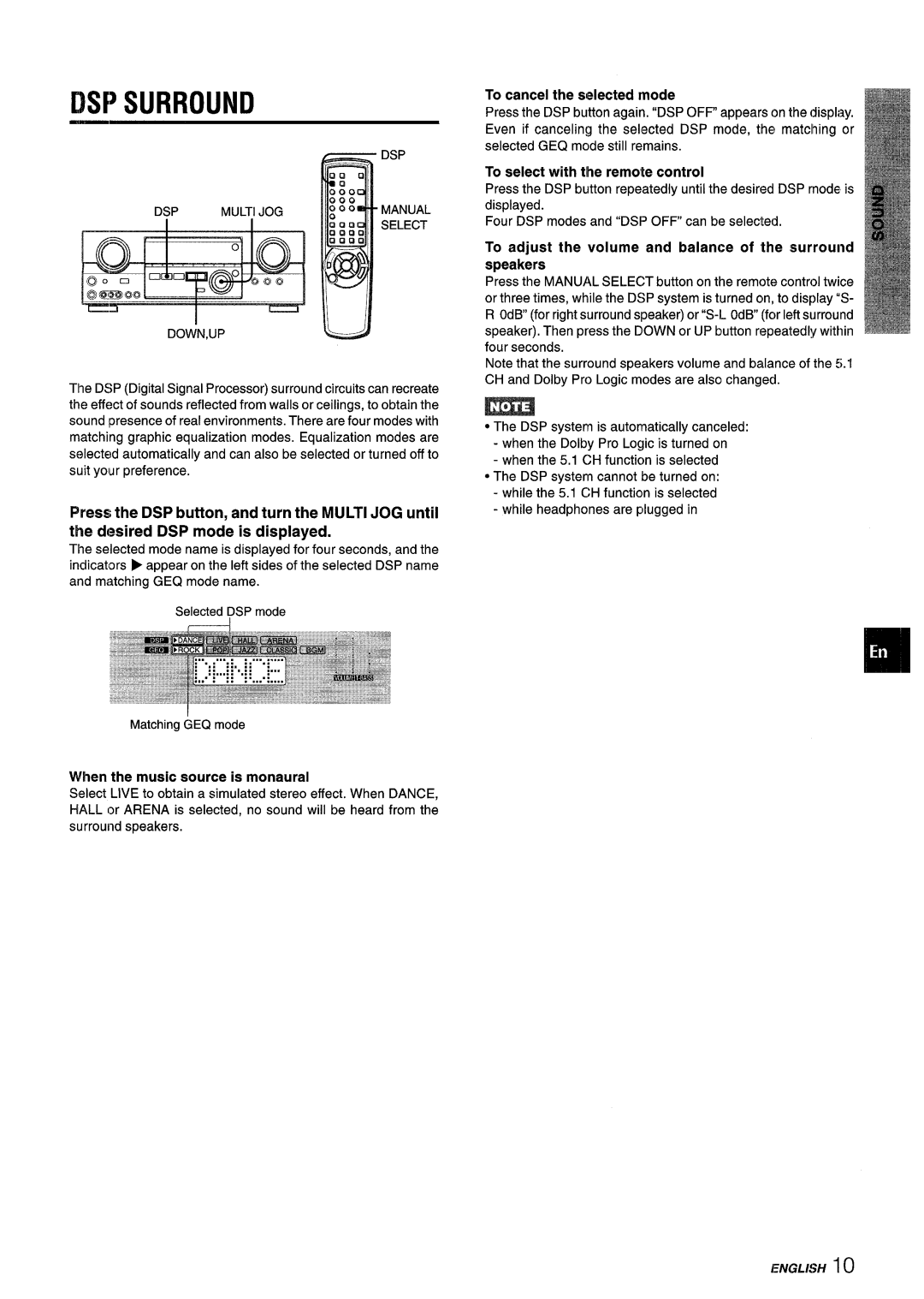 Aiwa AV-D55 DSP Surround, When the music source is monaural, Cancel me seIecIea moae, To select with tlhe remote control 