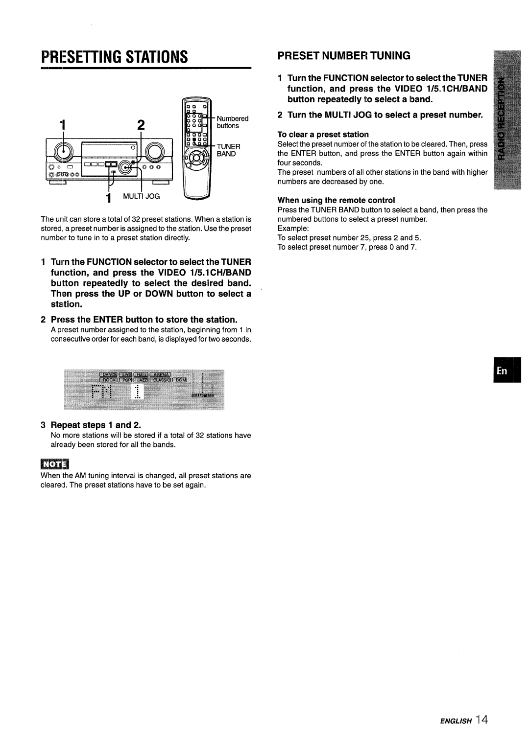 Aiwa AV-D55 manual Piresetting Stations, Preset Number Tuning, Buttons, Tuner Band Multi JOG, When using the remote control 