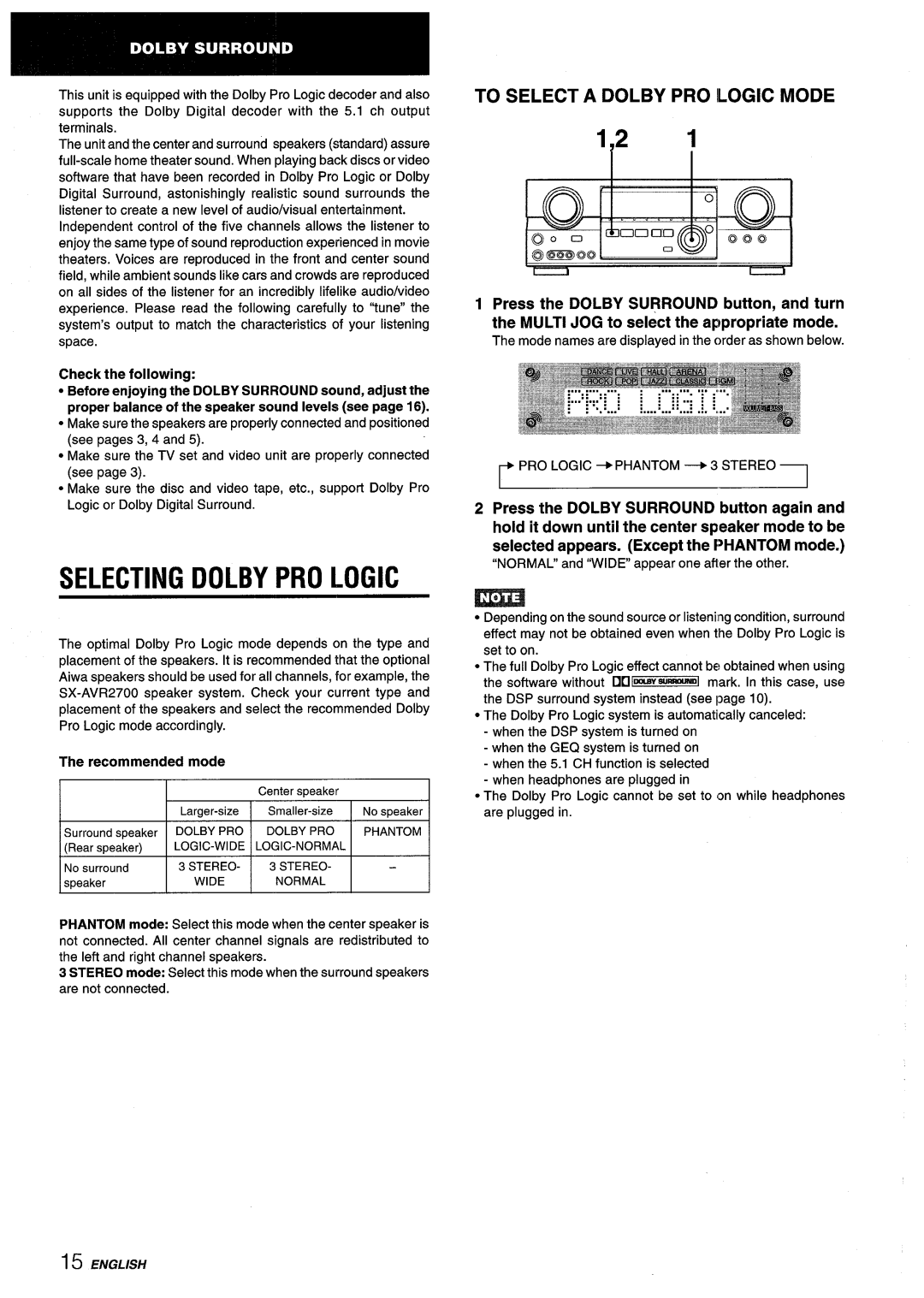 Aiwa AV-D55 manual Selecting Dolby PRO Logic, To Select a Dolby PRO Ilogic Mode, Check the following, Recommended mode 