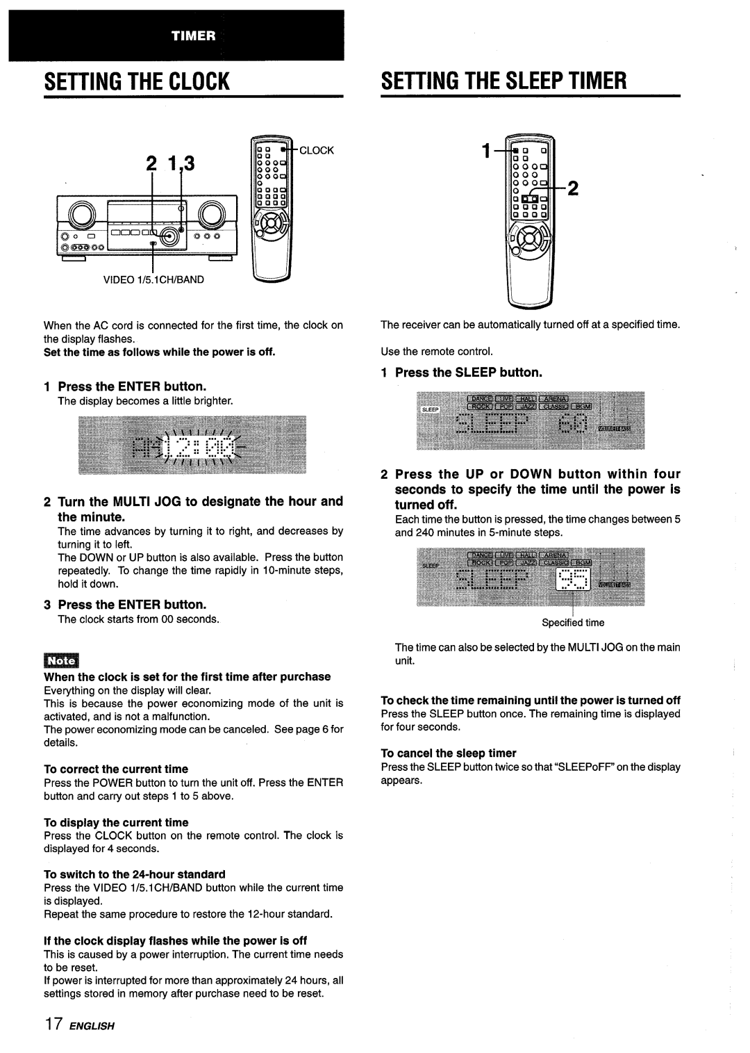 Aiwa AV-D55 manual Setting the Clock, Setting the Sleep Timer, Set the time as follows whila the power is off 