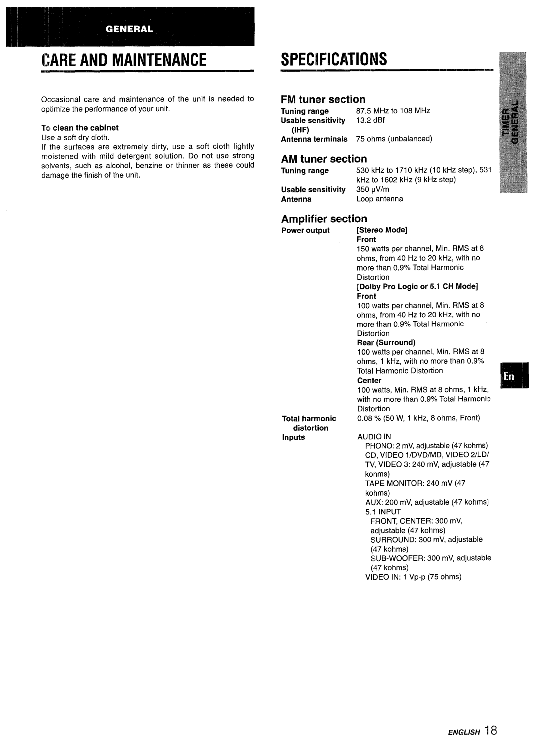 Aiwa AV-D55 manual Care and Maintenance, FM tuner section, AM tuner section, Amplifier section 