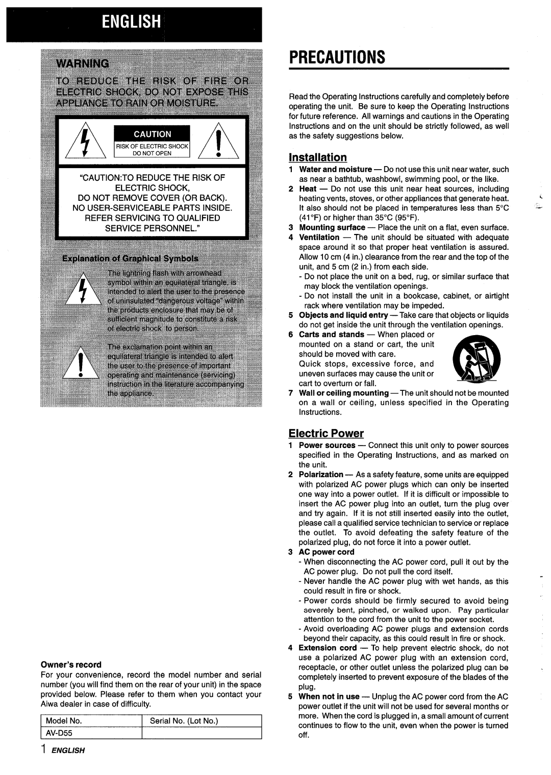 Aiwa AV-D55 manual Precautions, Installation, Electric Power, Owner’s record, AC power cord 