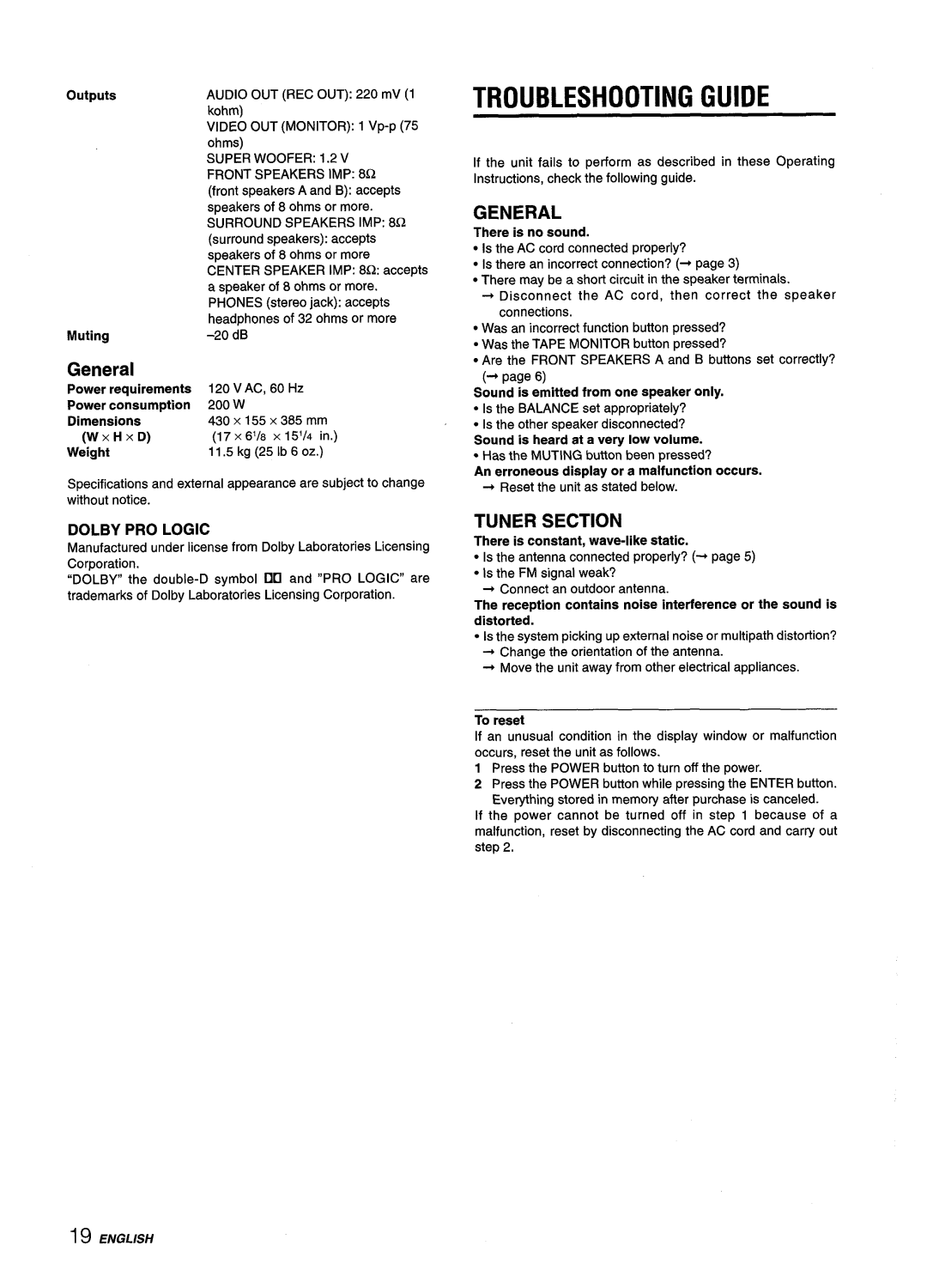 Aiwa AV-D55 manual Troubleshooting Guide, General, Tuner Section 