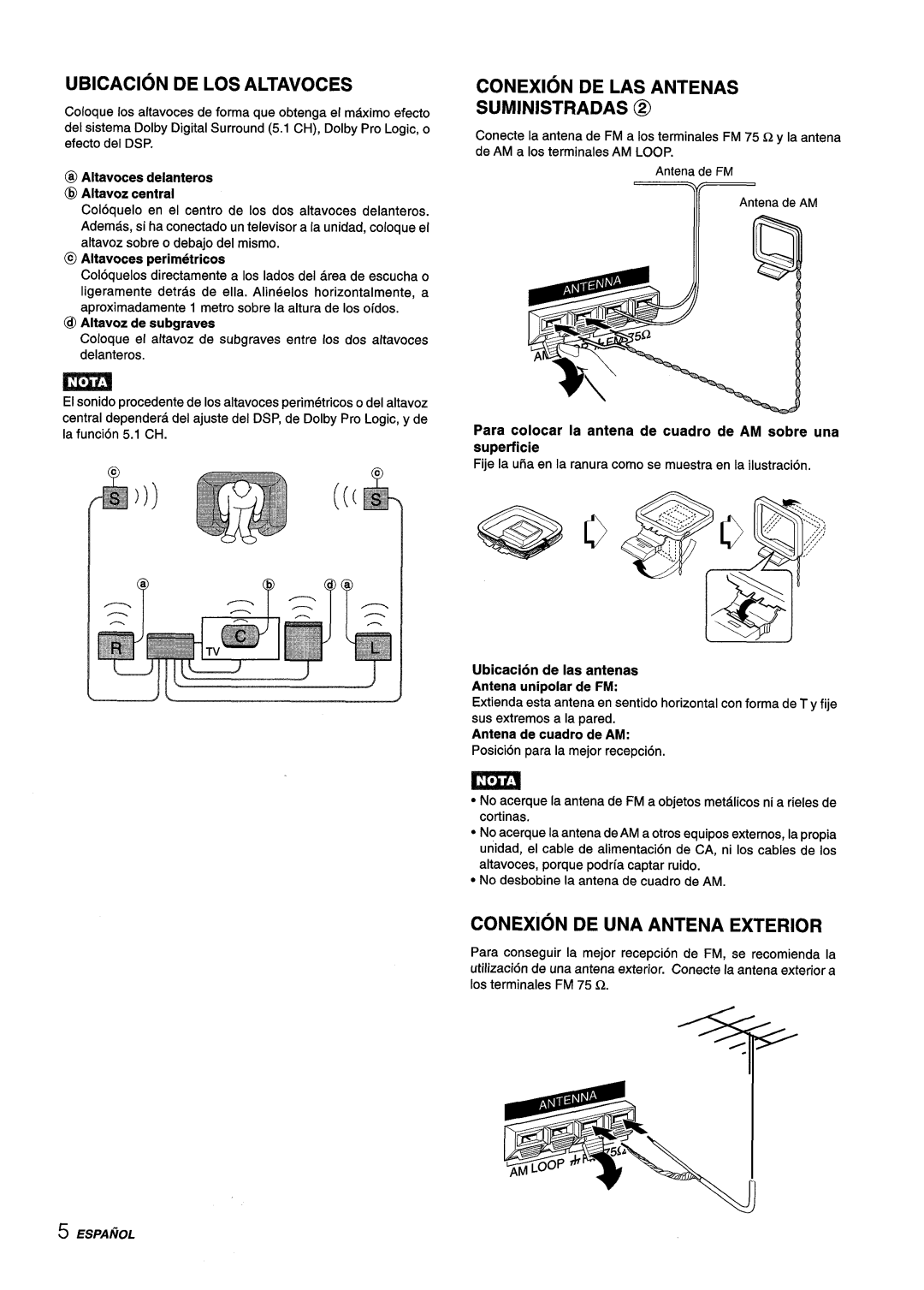 Aiwa AV-D55 manual Ubicacion DE LOS Altavoces, Conexion DE LAS Antenas Suministradas @, Conexion DE UNA Antena Exterior 