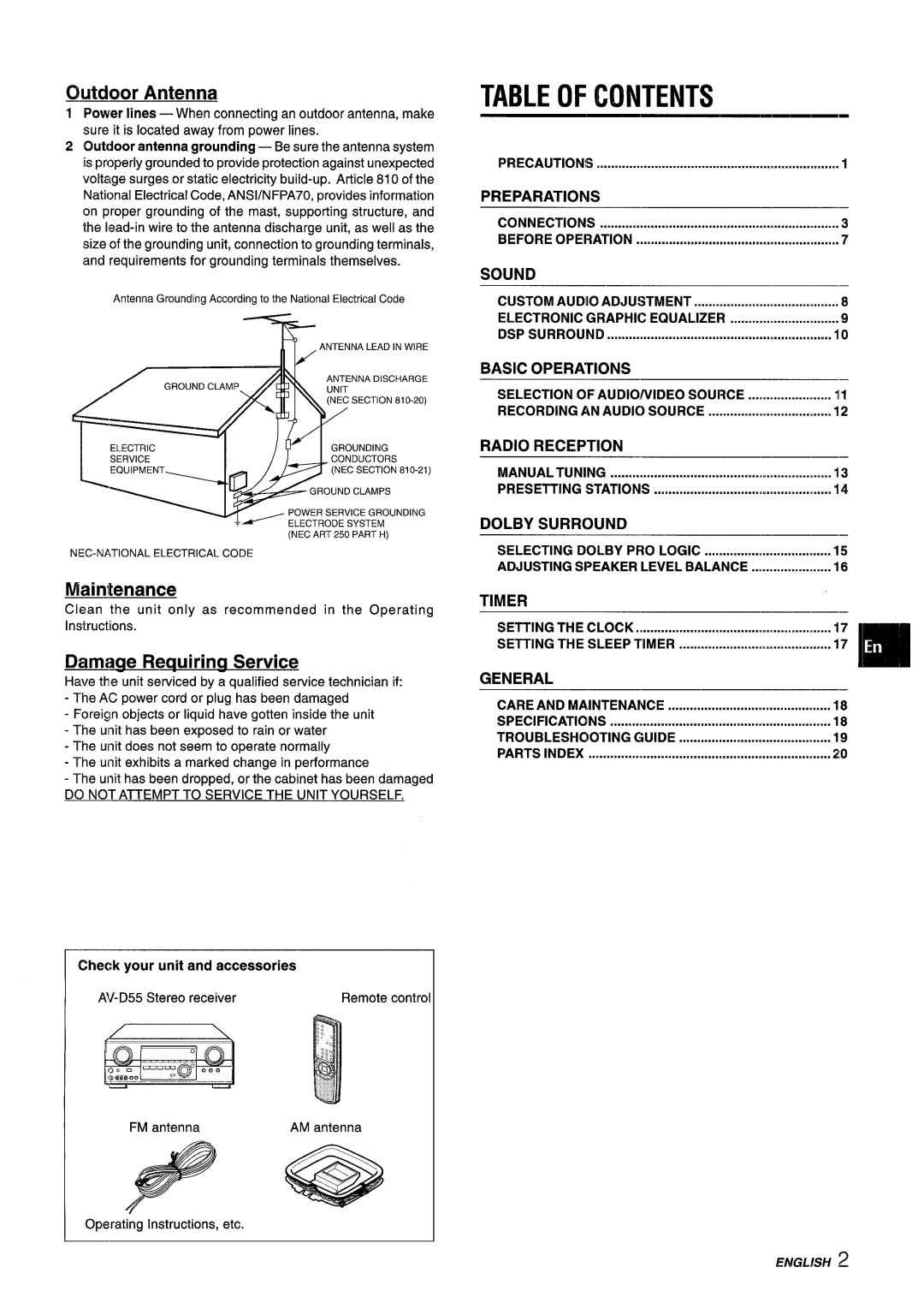 Aiwa AV-D55 manual Table of Contents 