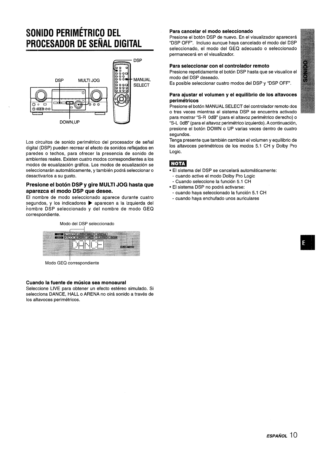 Aiwa AV-D55 manual Sonido Perimetrico DEL Procesador DE Senal Digital, Cuando la fuente de musics sea monoaural 