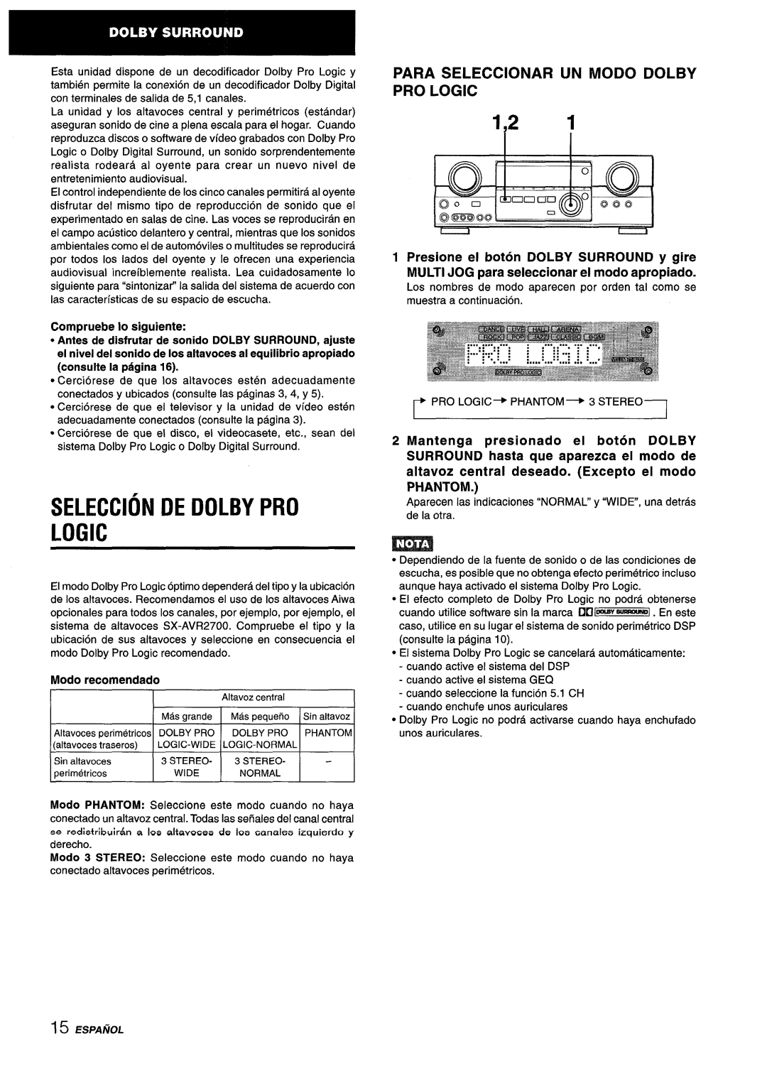 Aiwa AV-D55 manual Seleccion DE Dolby PRO Logic, Para Seleccionar UN Modo Dolby PRO Logic, Modo recomendado 